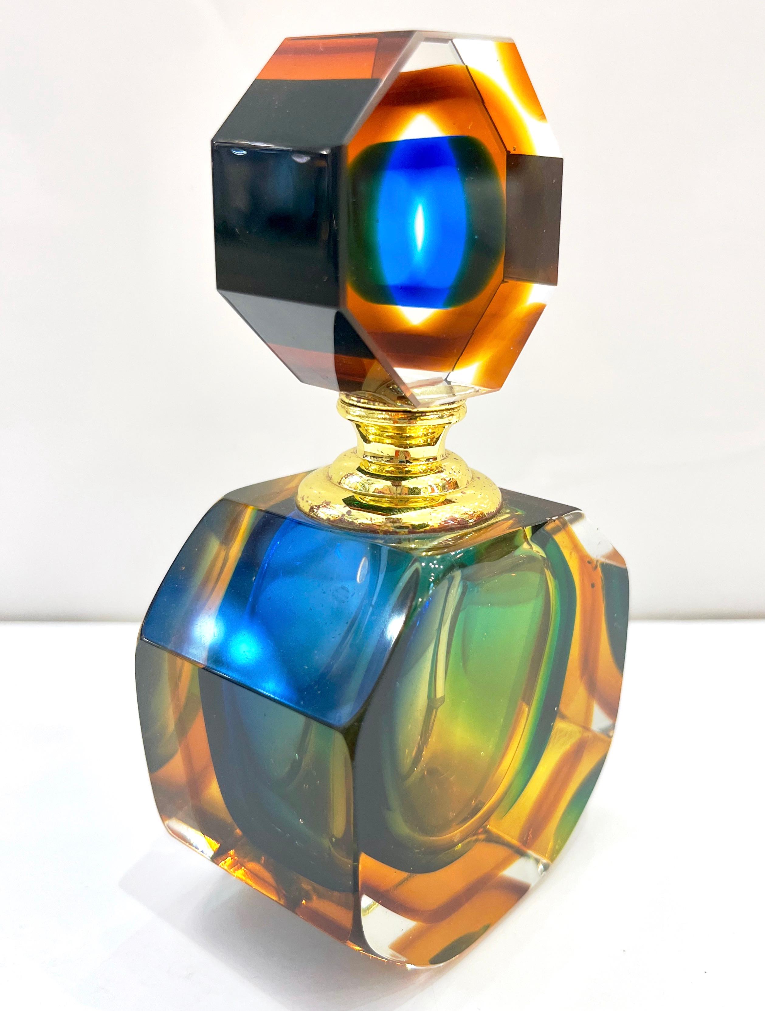 1990s Modern Italian Blue Green Amber Murano Glass Diamond Cut Perfume Bottle 2
