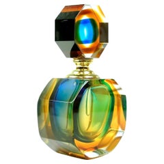 1990s Modern Italian Blue Green Amber Murano Glass Diamond Cut Perfume Bottle