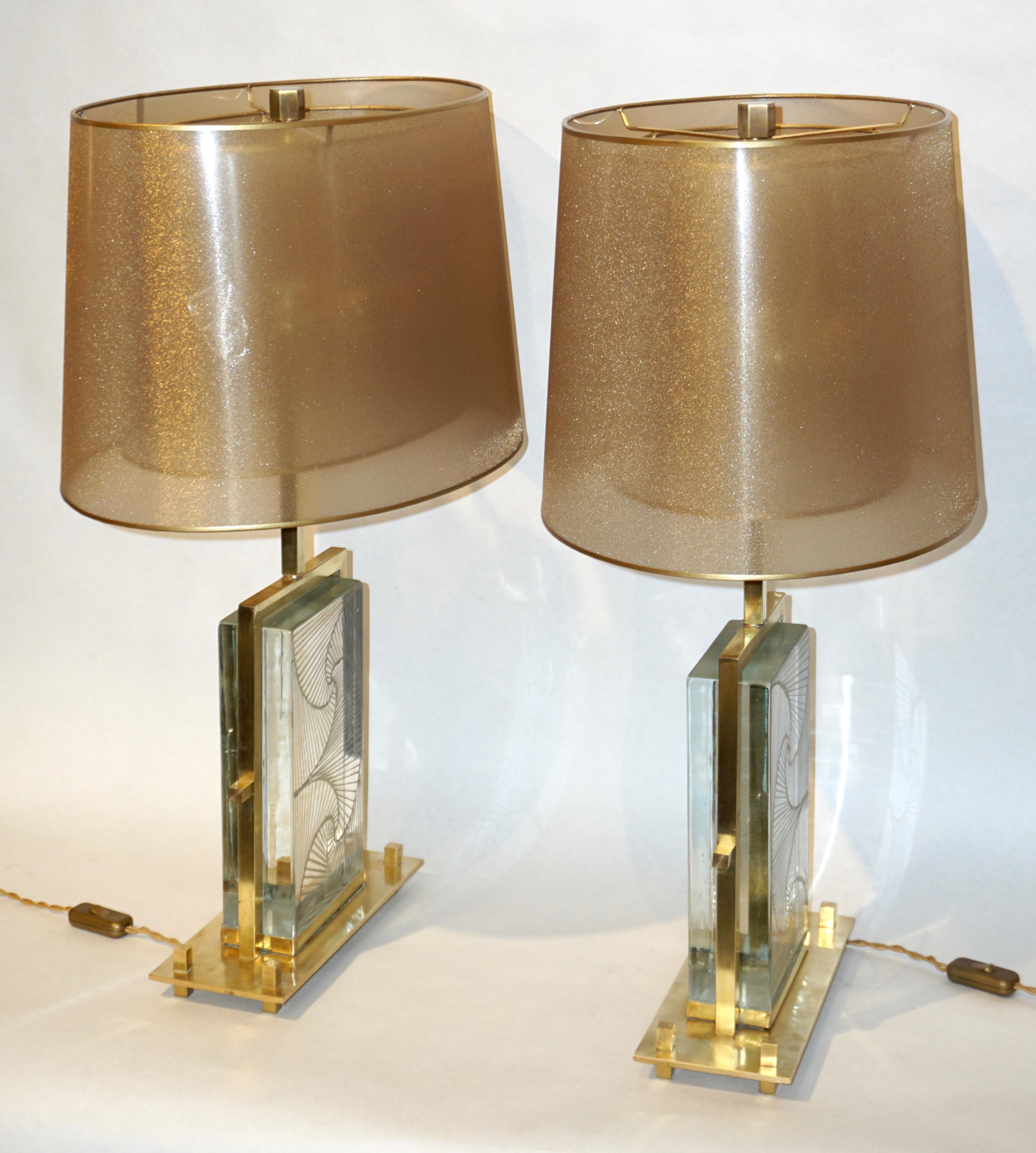 1990s Modern Italian Pair of One of a Kind Crystal & Brass Lamps 7