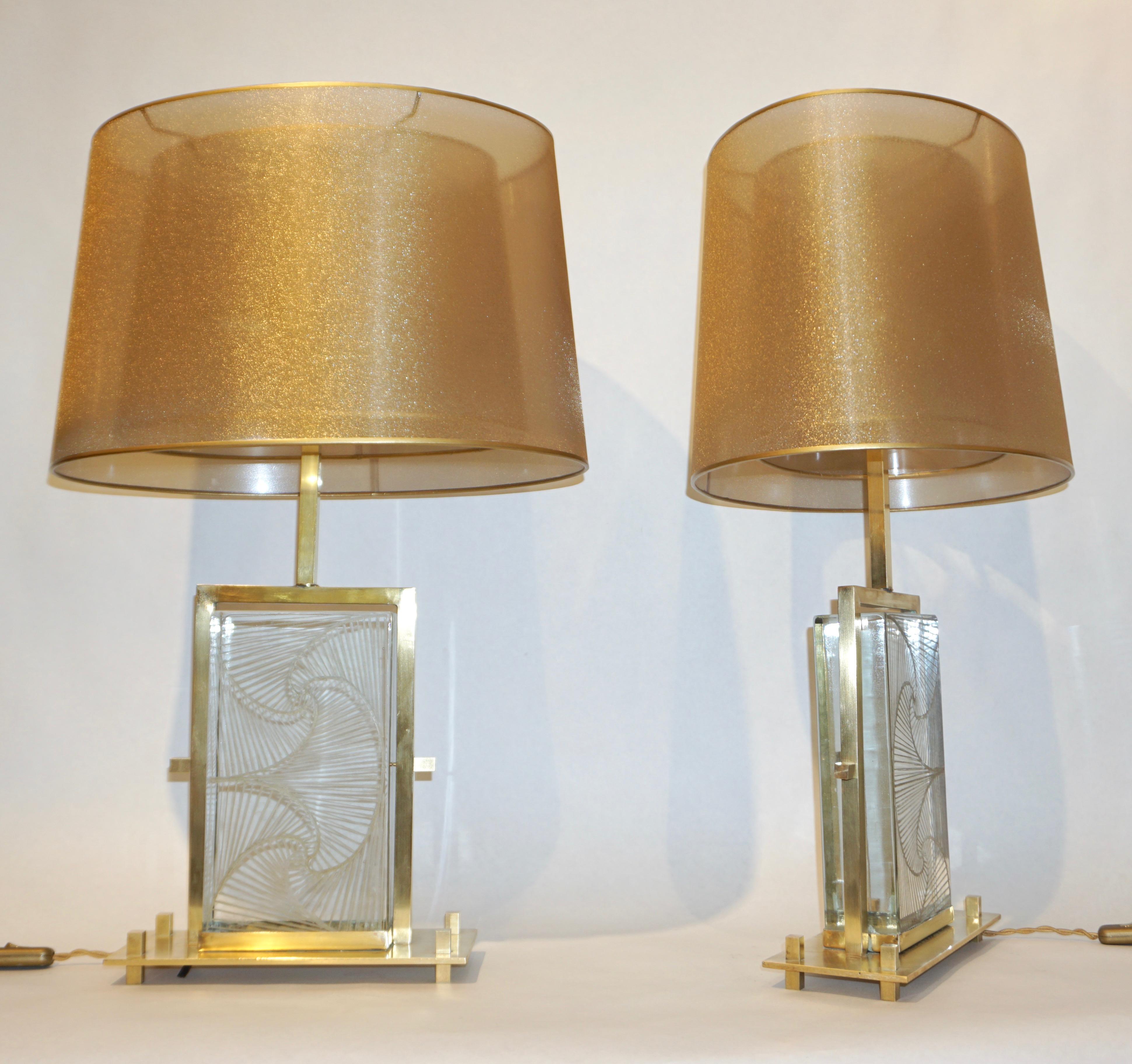Hand-Carved 1990s Modern Italian Pair of One of a Kind Crystal & Brass Lamps