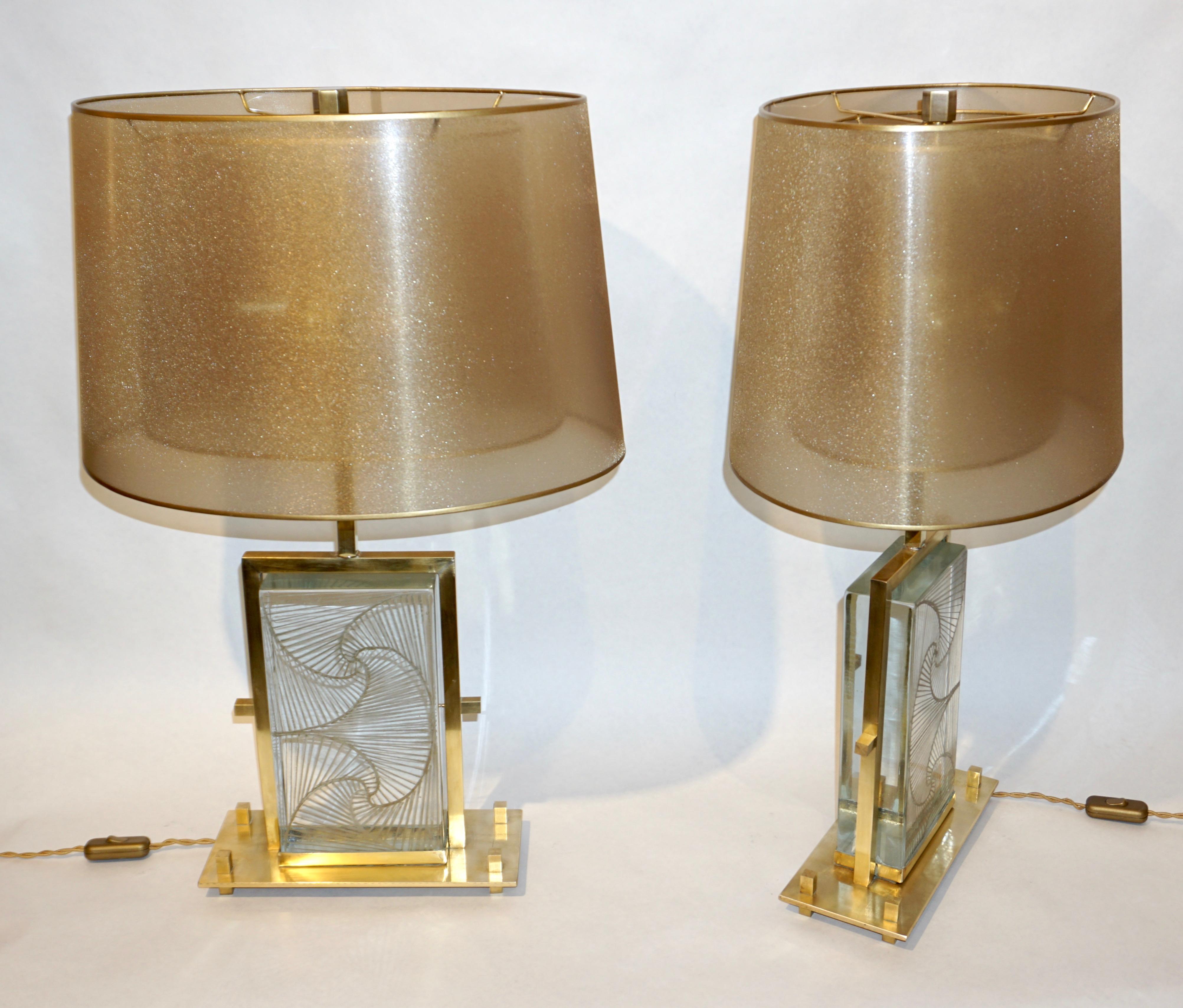 1990s Modern Italian Pair of One of a Kind Crystal & Brass Lamps In Good Condition In New York, NY