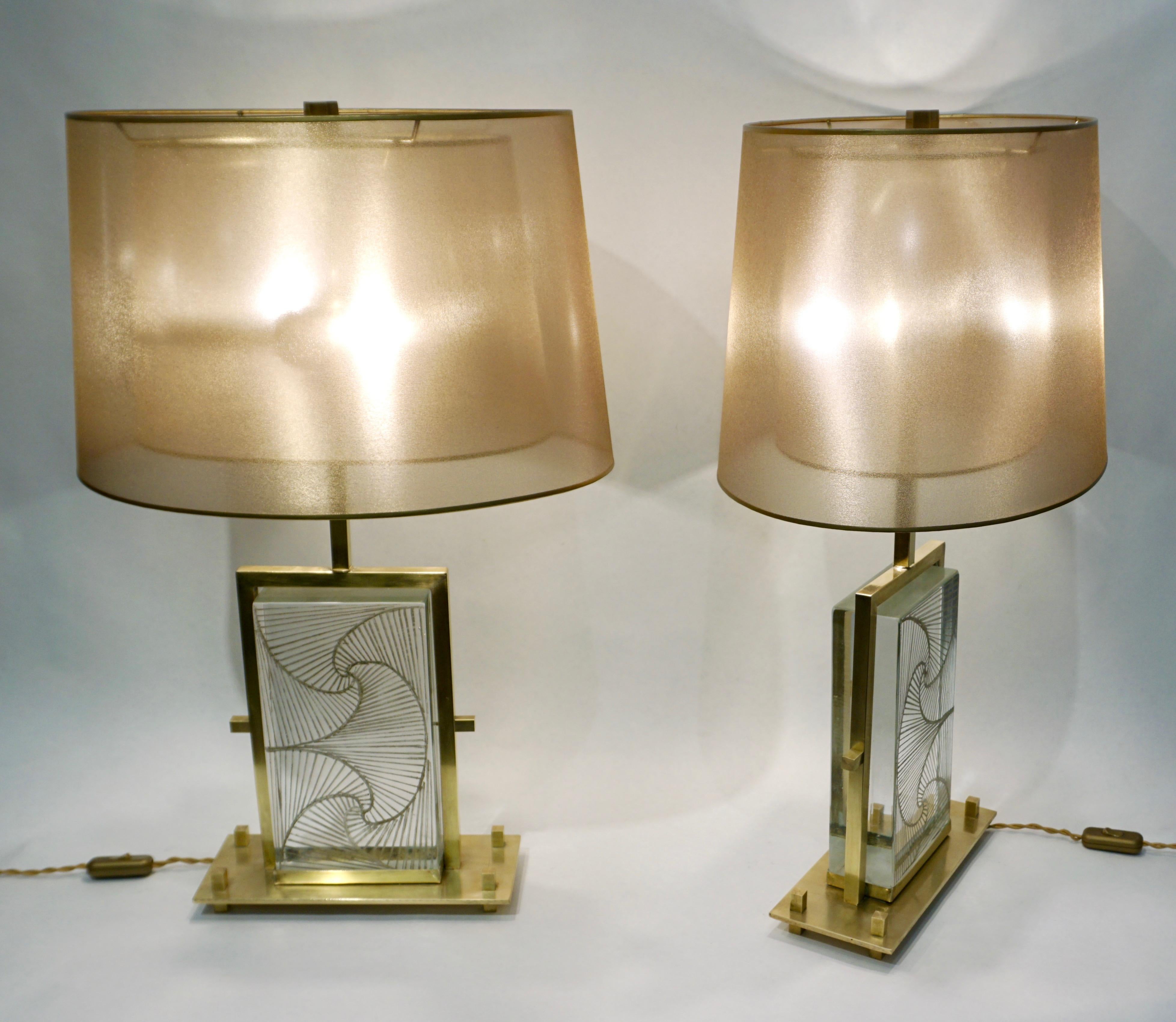 1990s Modern Italian Pair of One of a Kind Crystal & Brass Lamps 1