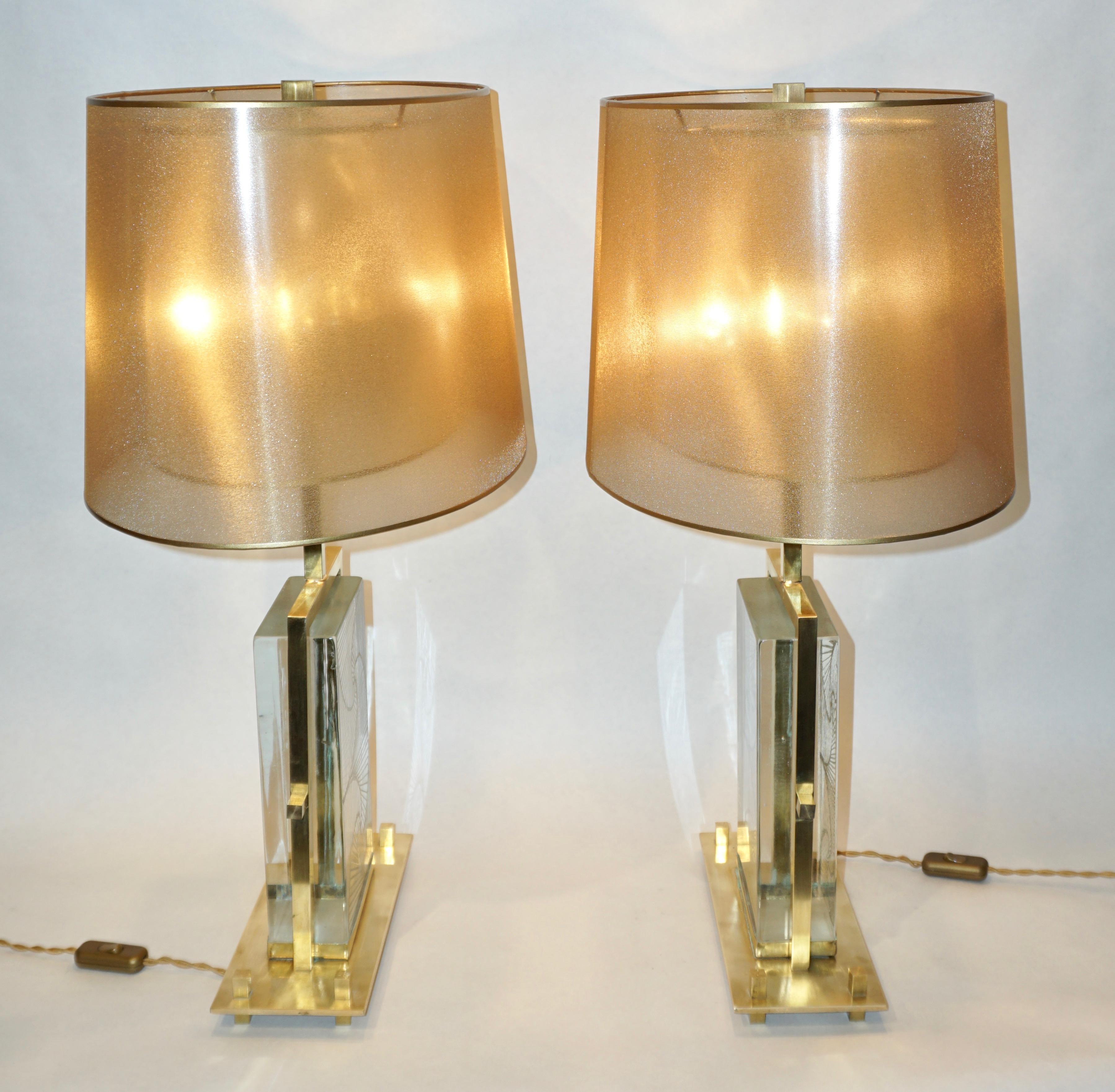 1990s Modern Italian Pair of One of a Kind Crystal & Brass Lamps 3