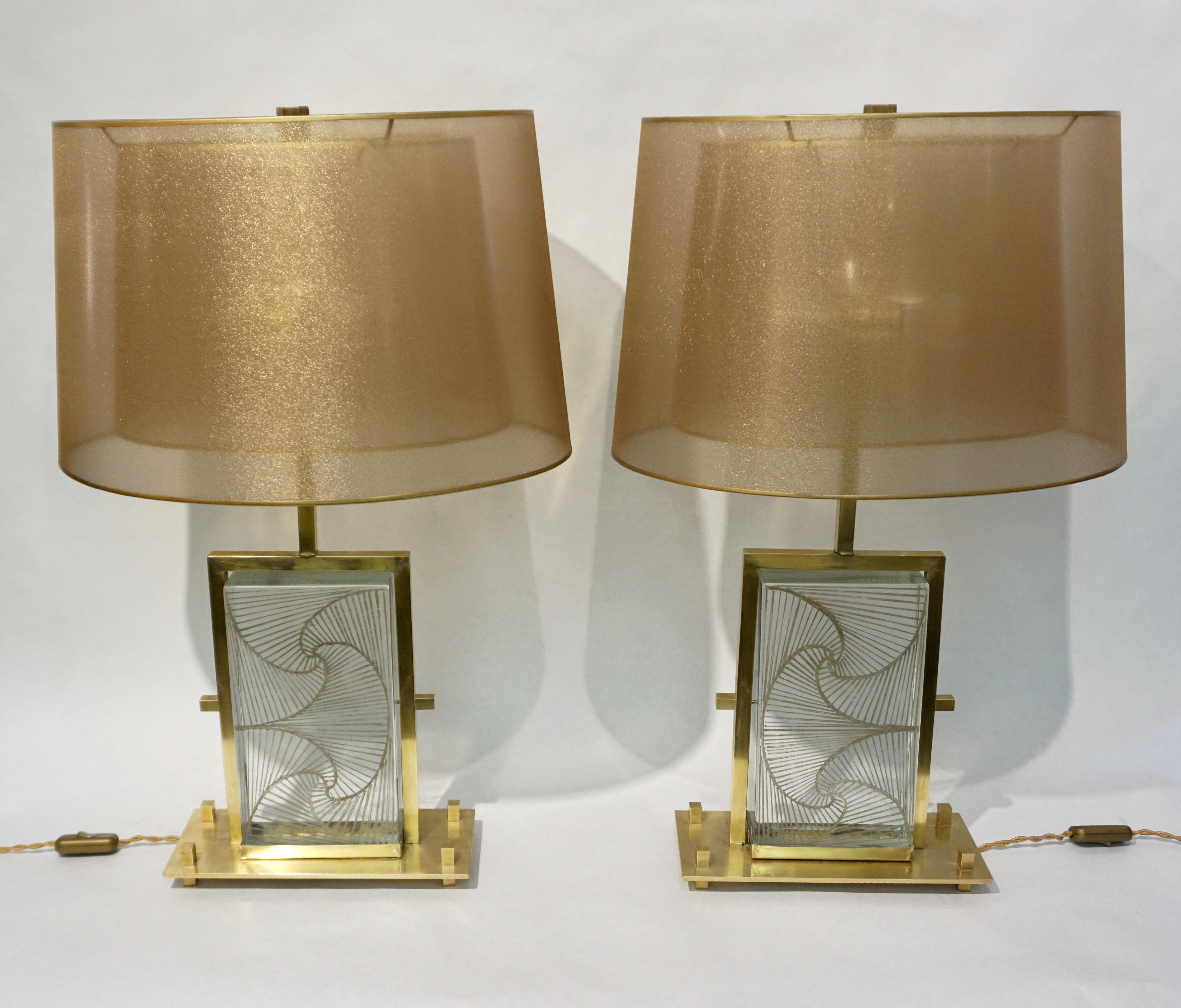 1990s Modern Italian Pair of One of a Kind Crystal & Brass Lamps 4