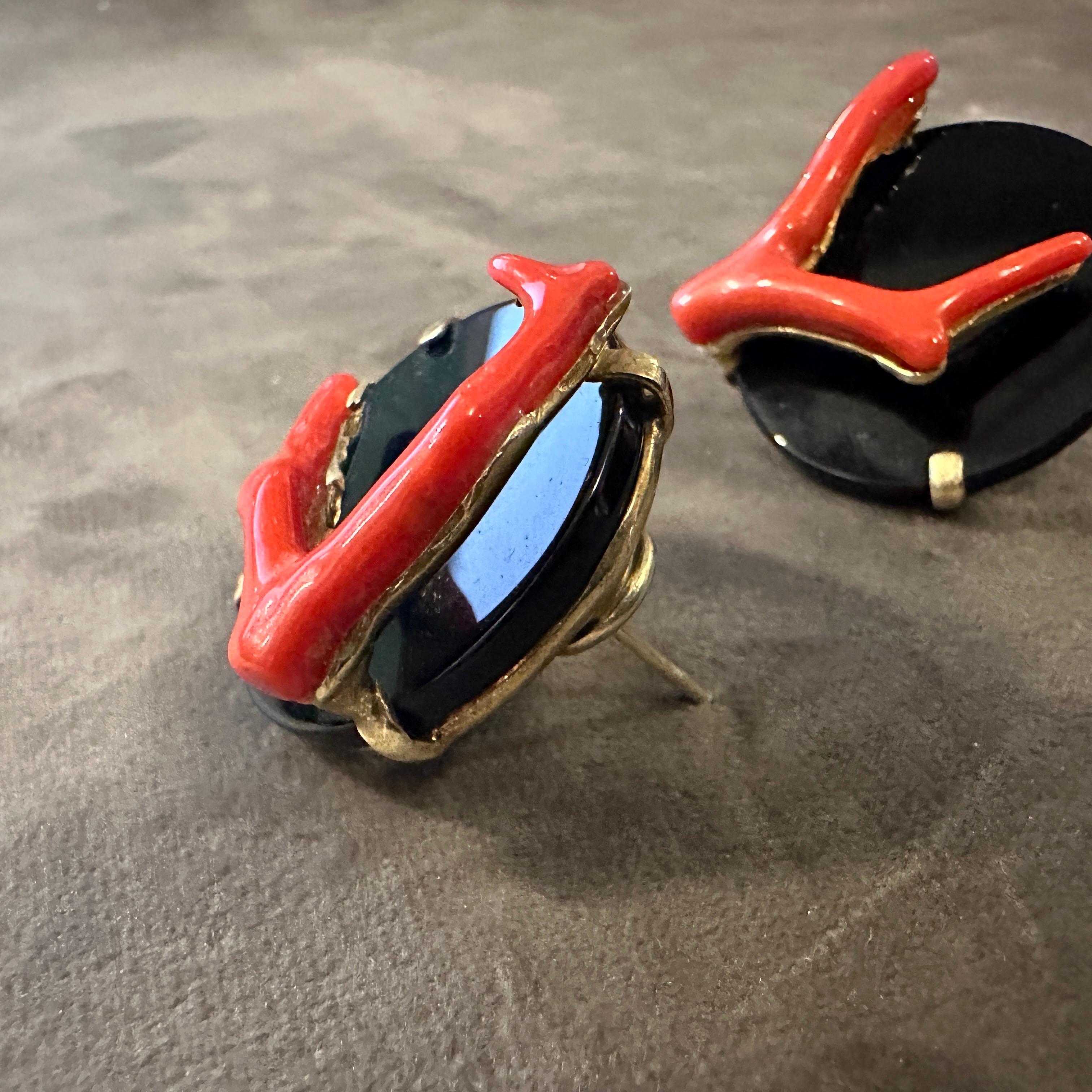 1990er Jahre Moderne italienische Ohrclips aus Sterlingsilber mit schwarzem Onyx und Koralle im Angebot 4