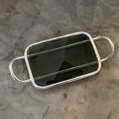 1990s Modernist Lino Sabattini Silver Plated and Dark Grey Glass Butter Tray