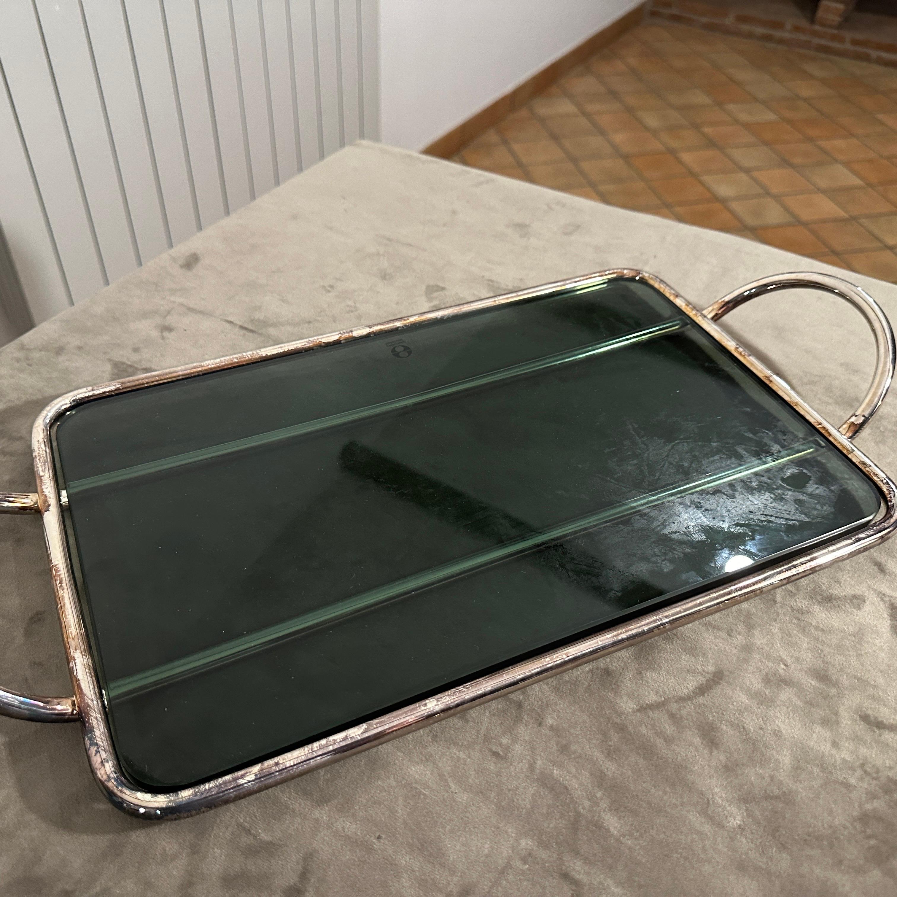 1990s Modernist Lino Sabattini Silver Plated and Dark Grey Glass Serving Tray 5