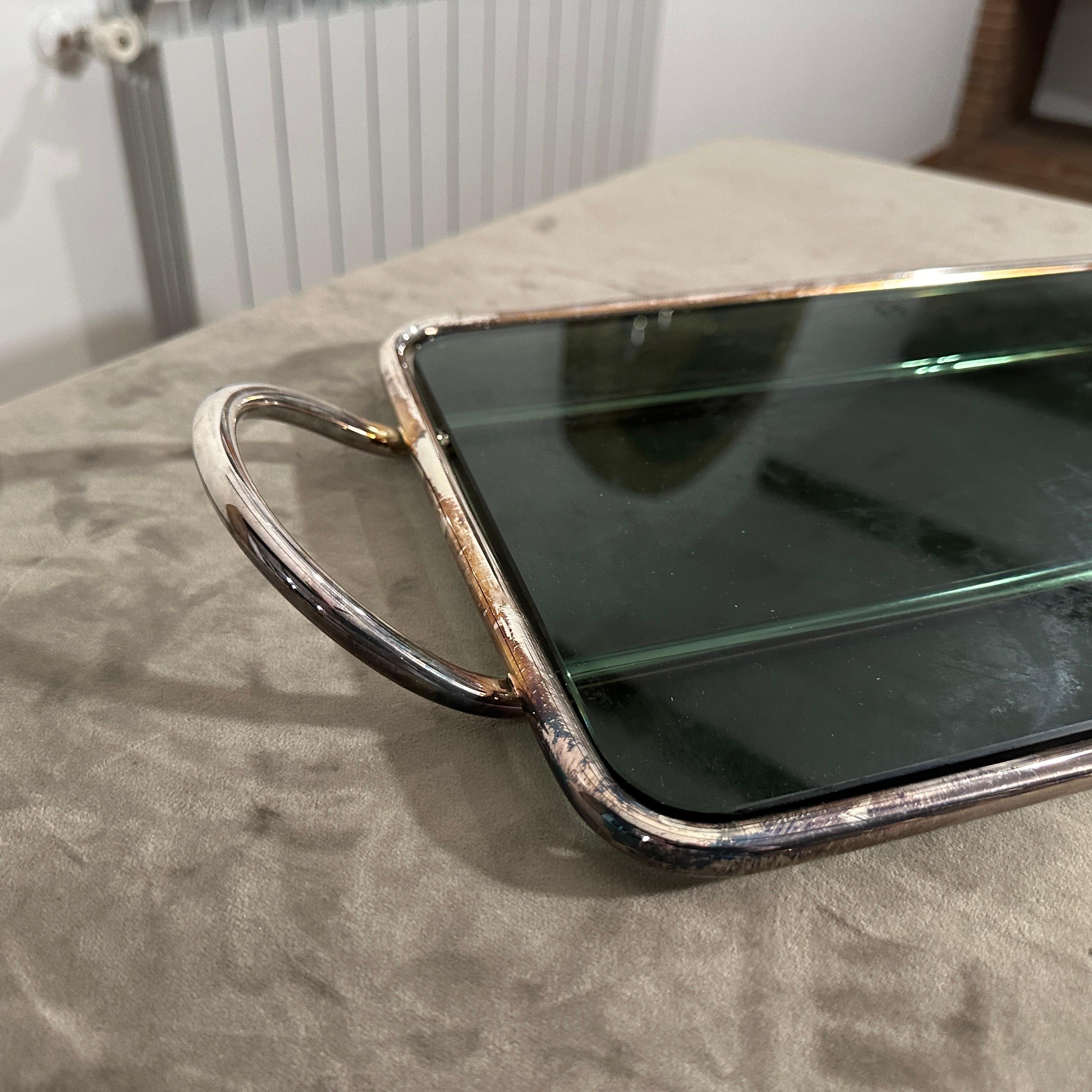 1990s Modernist Lino Sabattini Silver Plated and Dark Grey Glass Serving Tray 6
