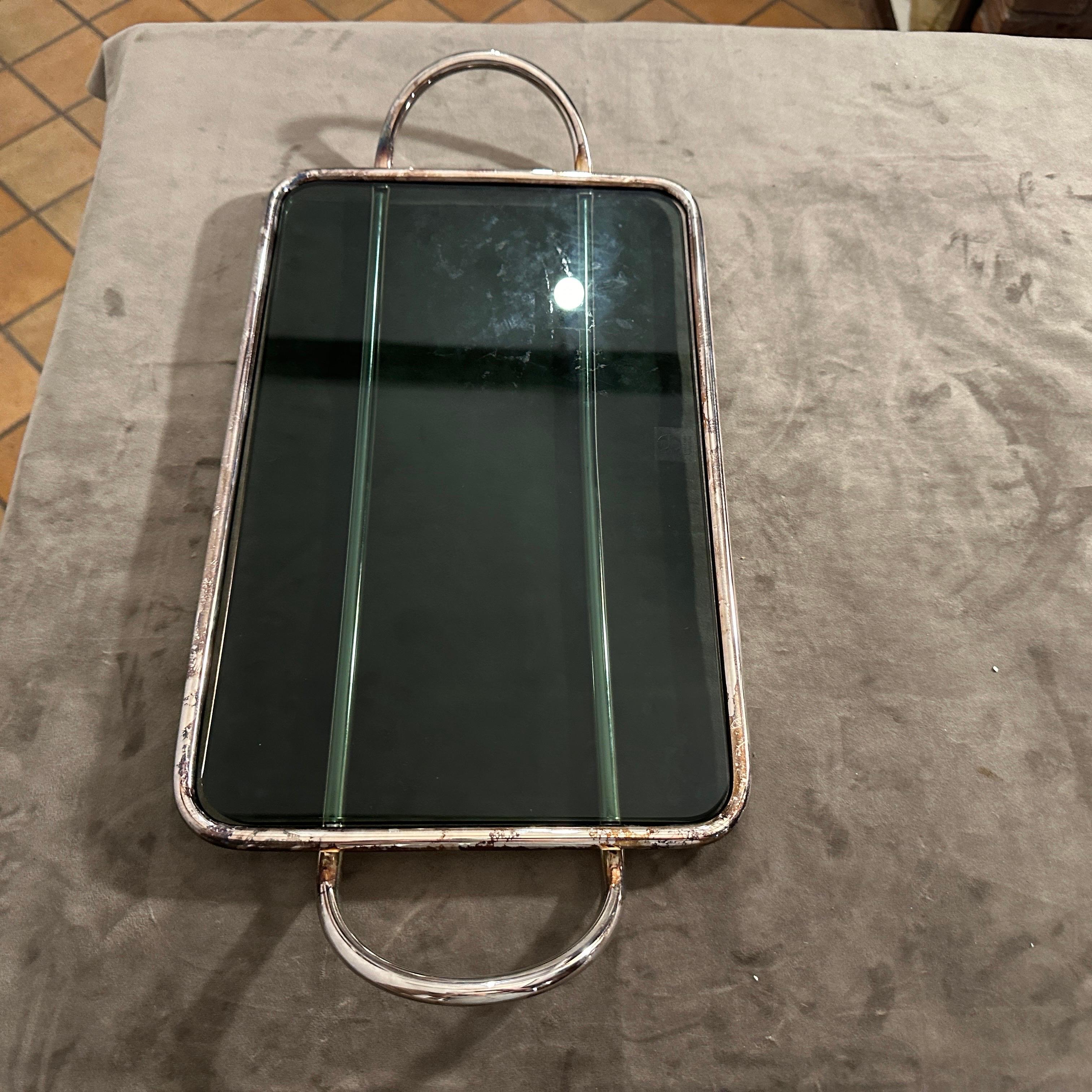 1990s Modernist Lino Sabattini Silver Plated and Dark Grey Glass Serving Tray 2