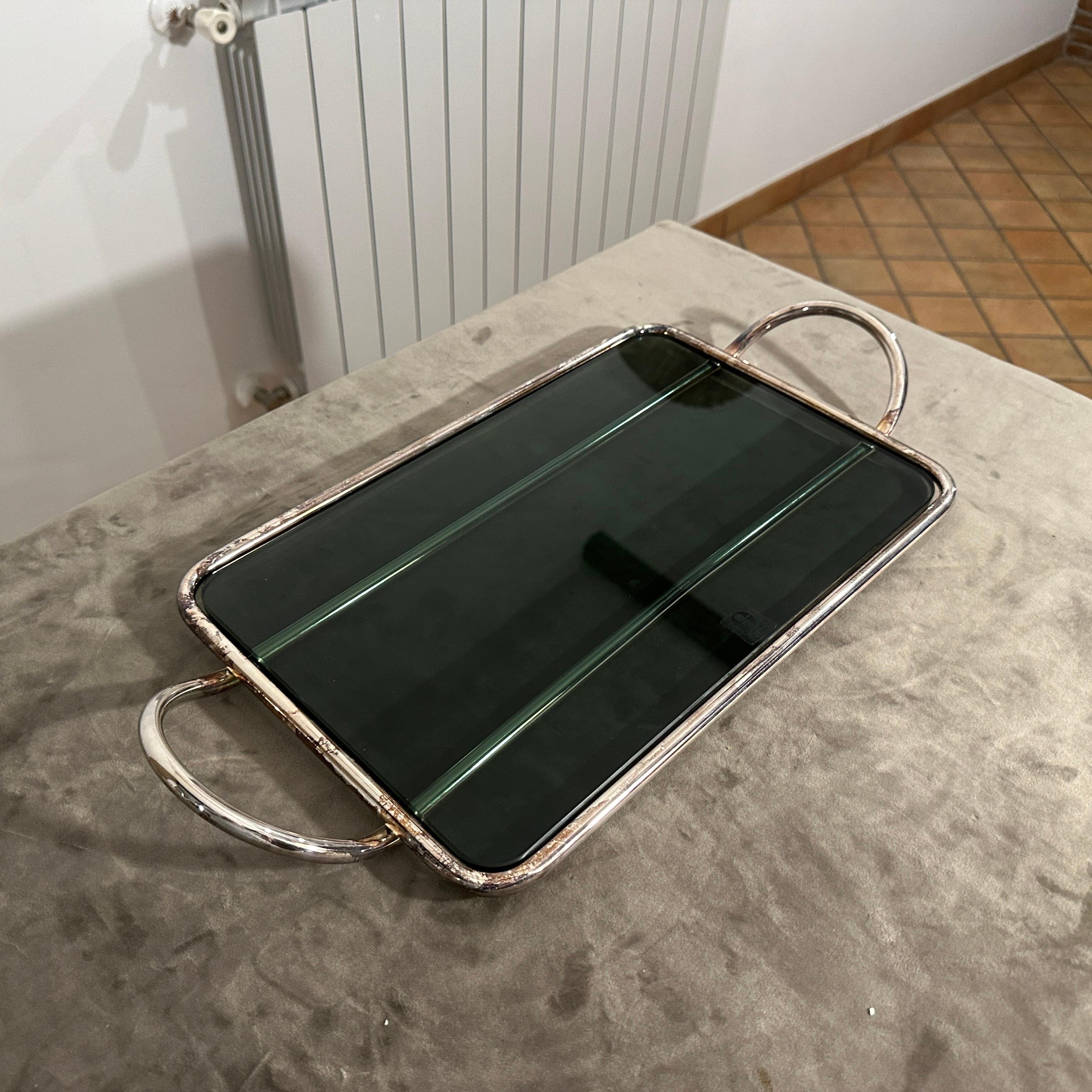 1990s Modernist Lino Sabattini Silver Plated and Dark Grey Glass Serving Tray 4