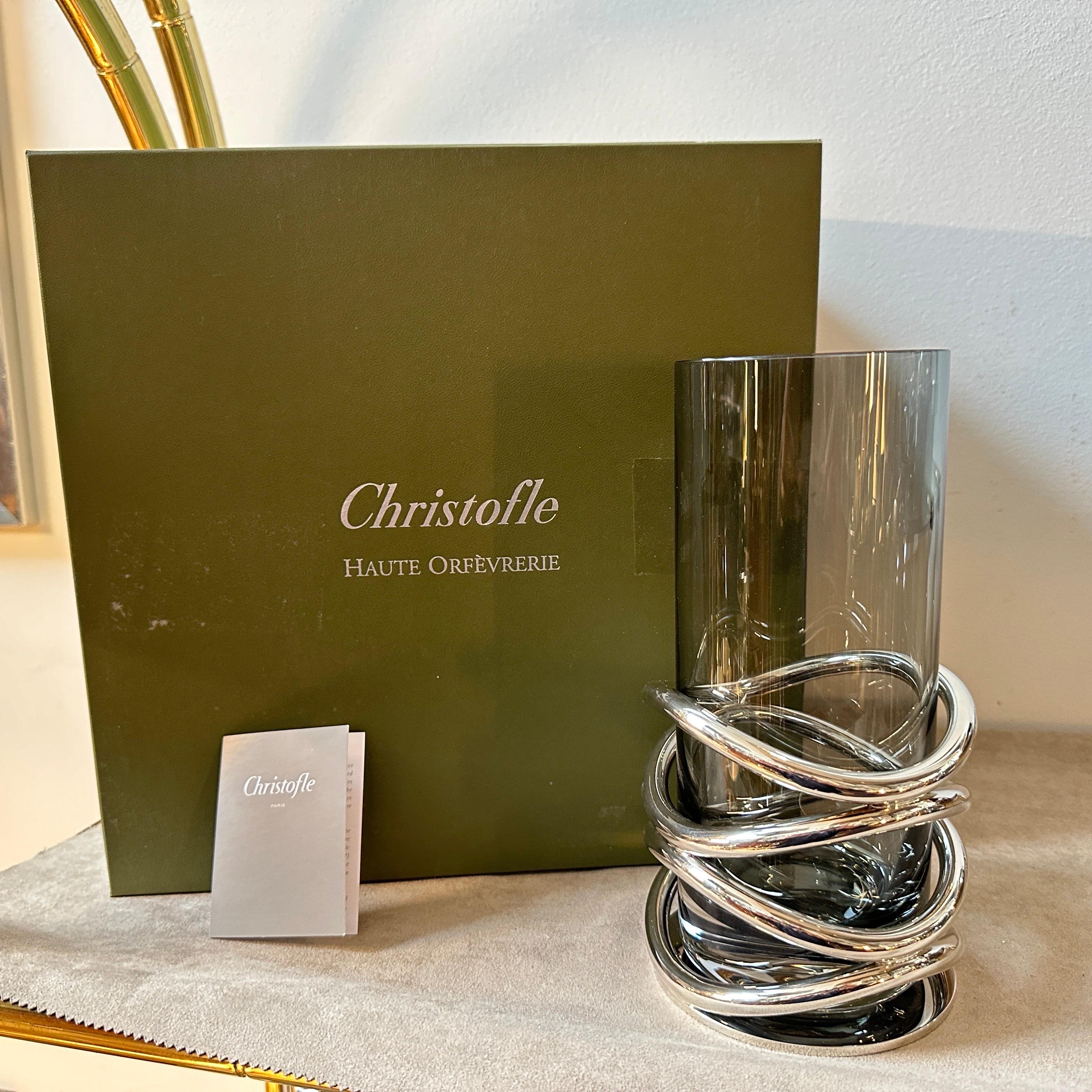 1990s Modernist Silver Plated and Smoked Glass Thomas French Vase by Christofle For Sale 6