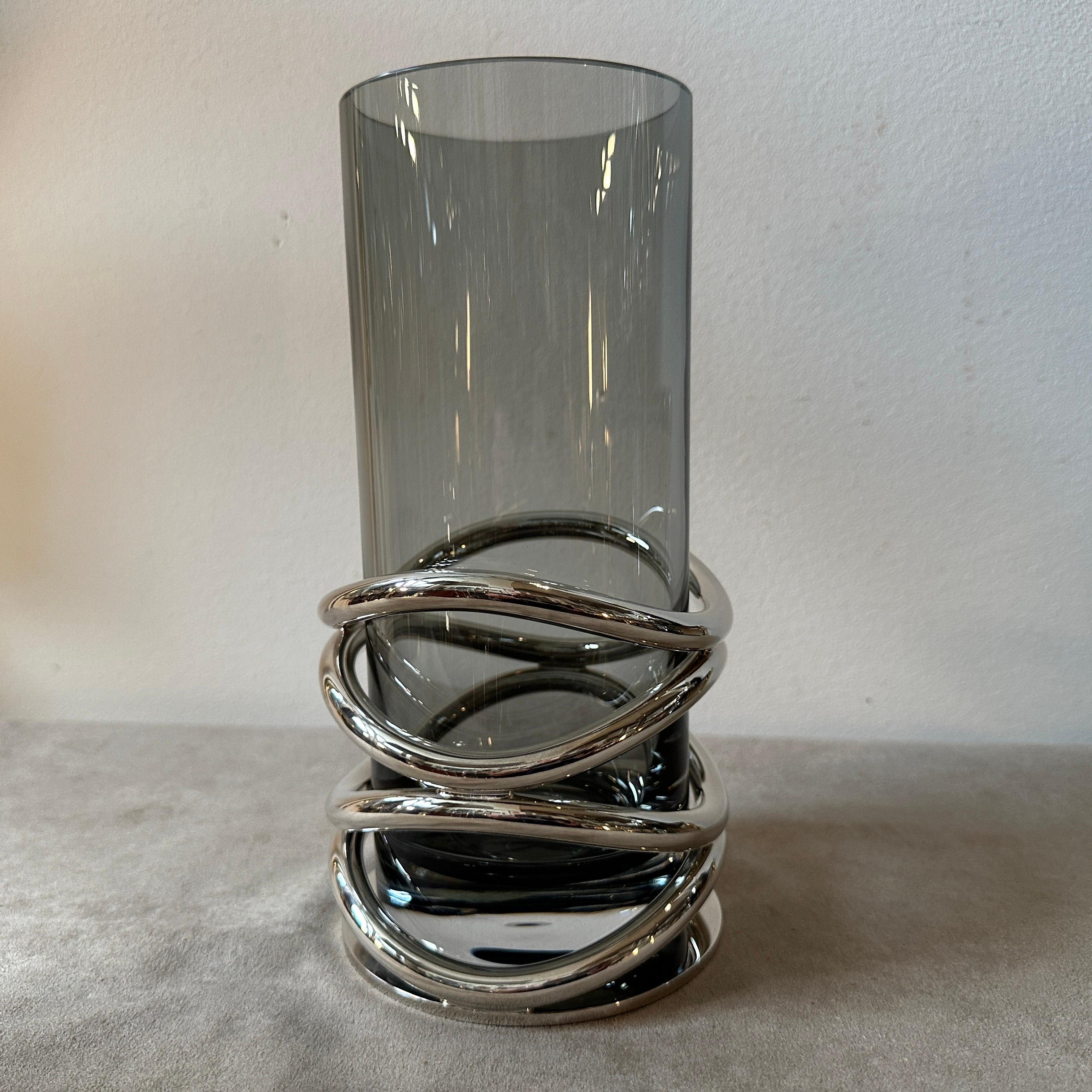 20th Century 1990s Modernist Silver Plated and Smoked Glass Thomas French Vase by Christofle For Sale