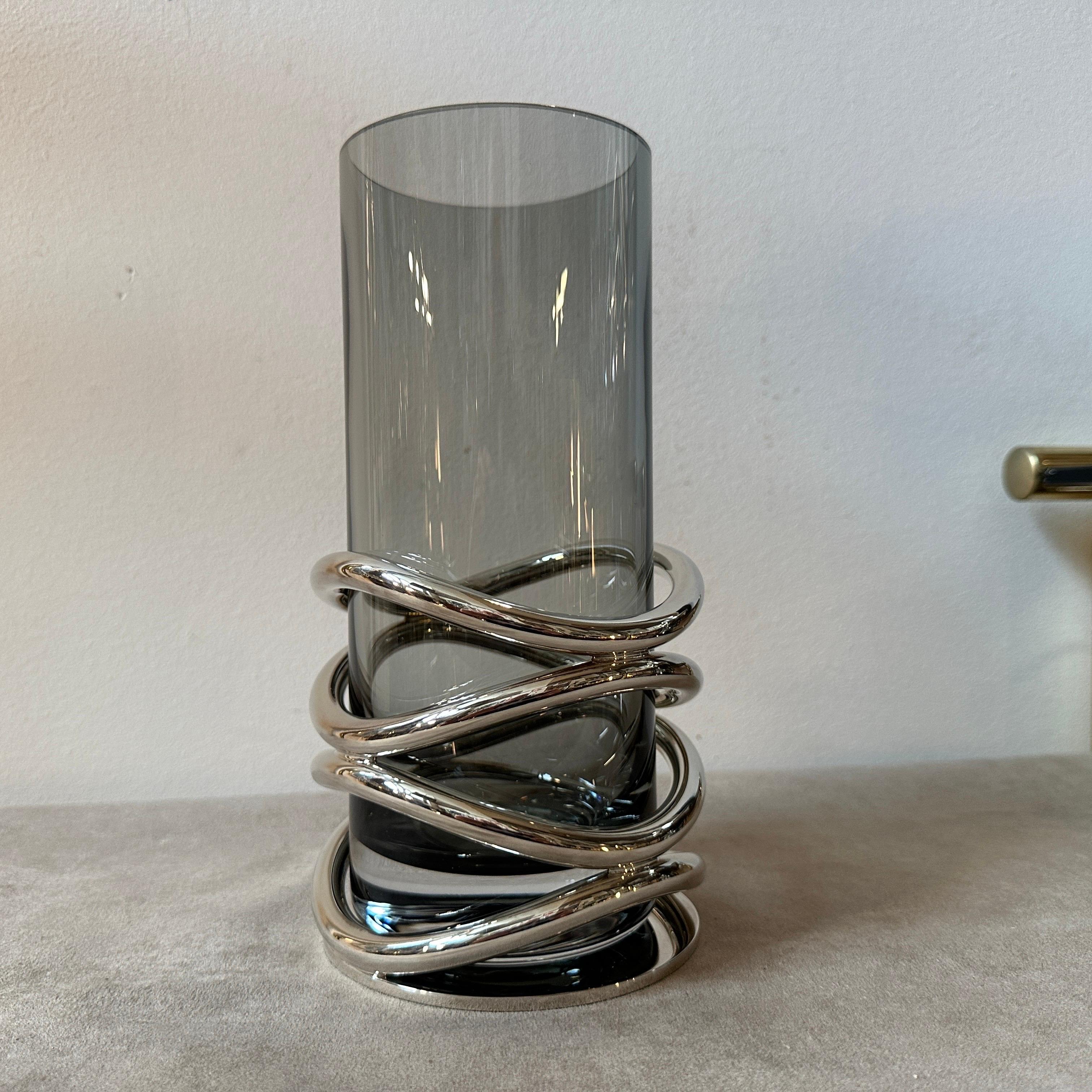 1990s Modernist Silver Plated and Smoked Glass Thomas French Vase by Christofle For Sale 1
