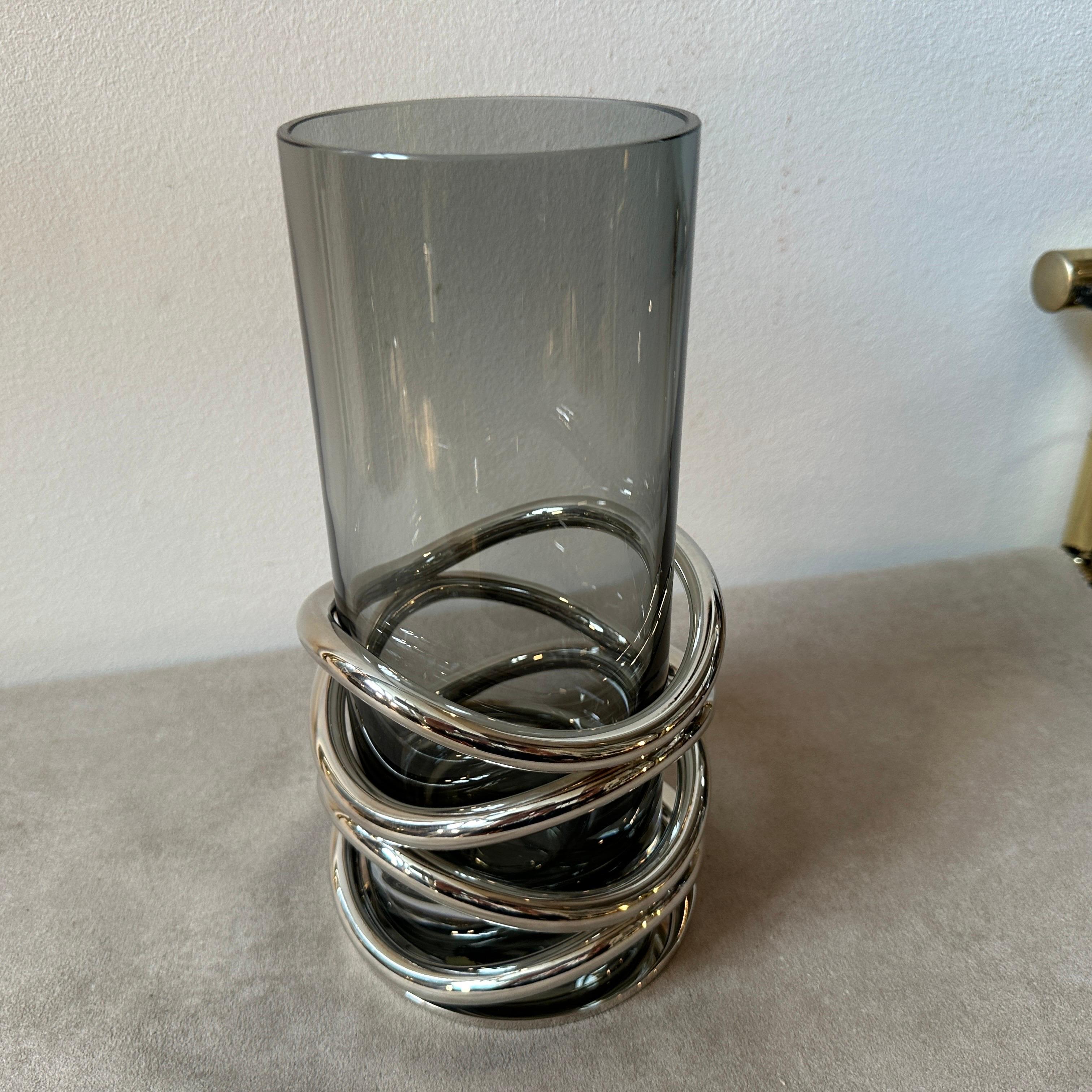 1990s Modernist Silver Plated and Smoked Glass Thomas French Vase by Christofle For Sale 3