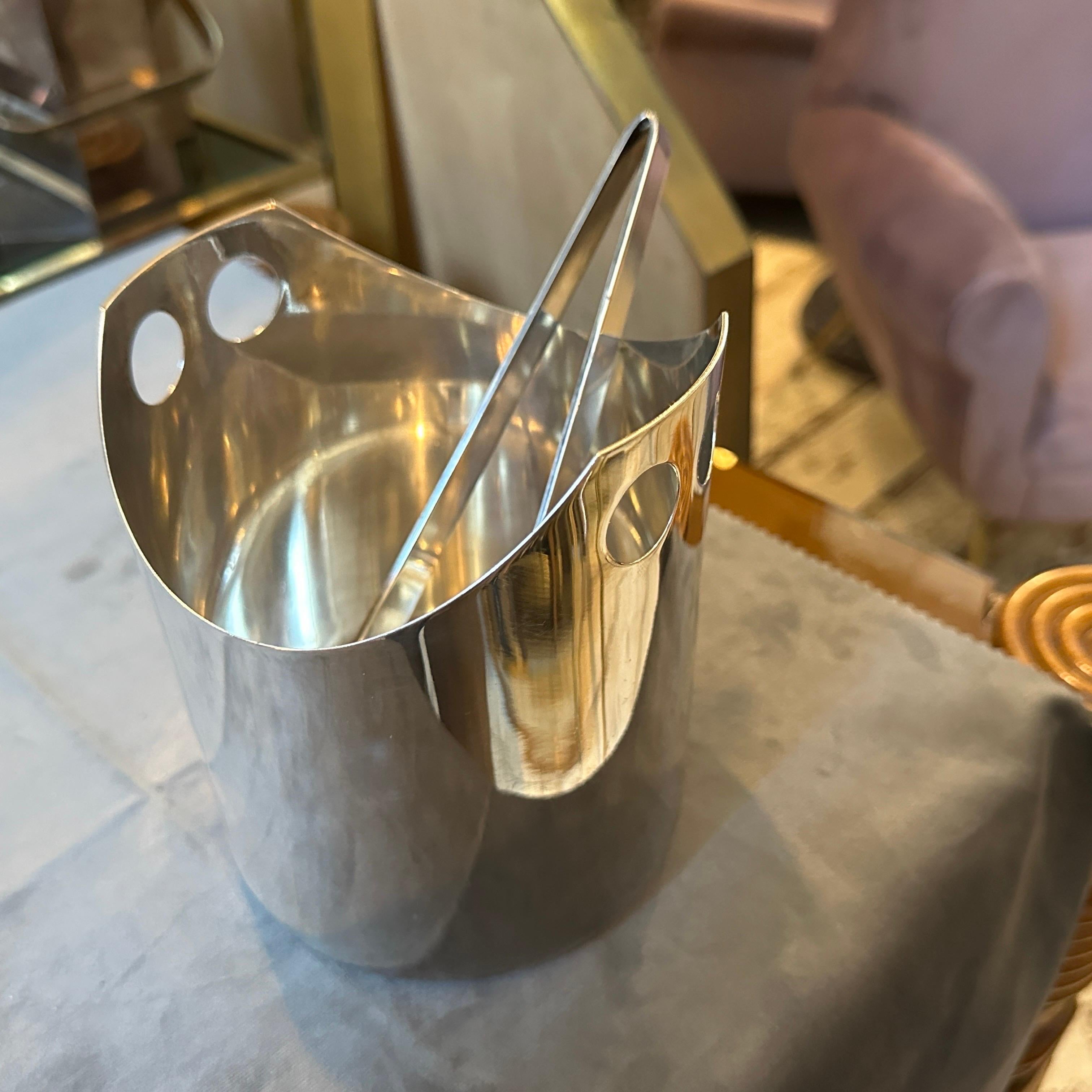 1990s Modernist Silver Plated Ice Bucket and Tongue by Lino Sabattini 3