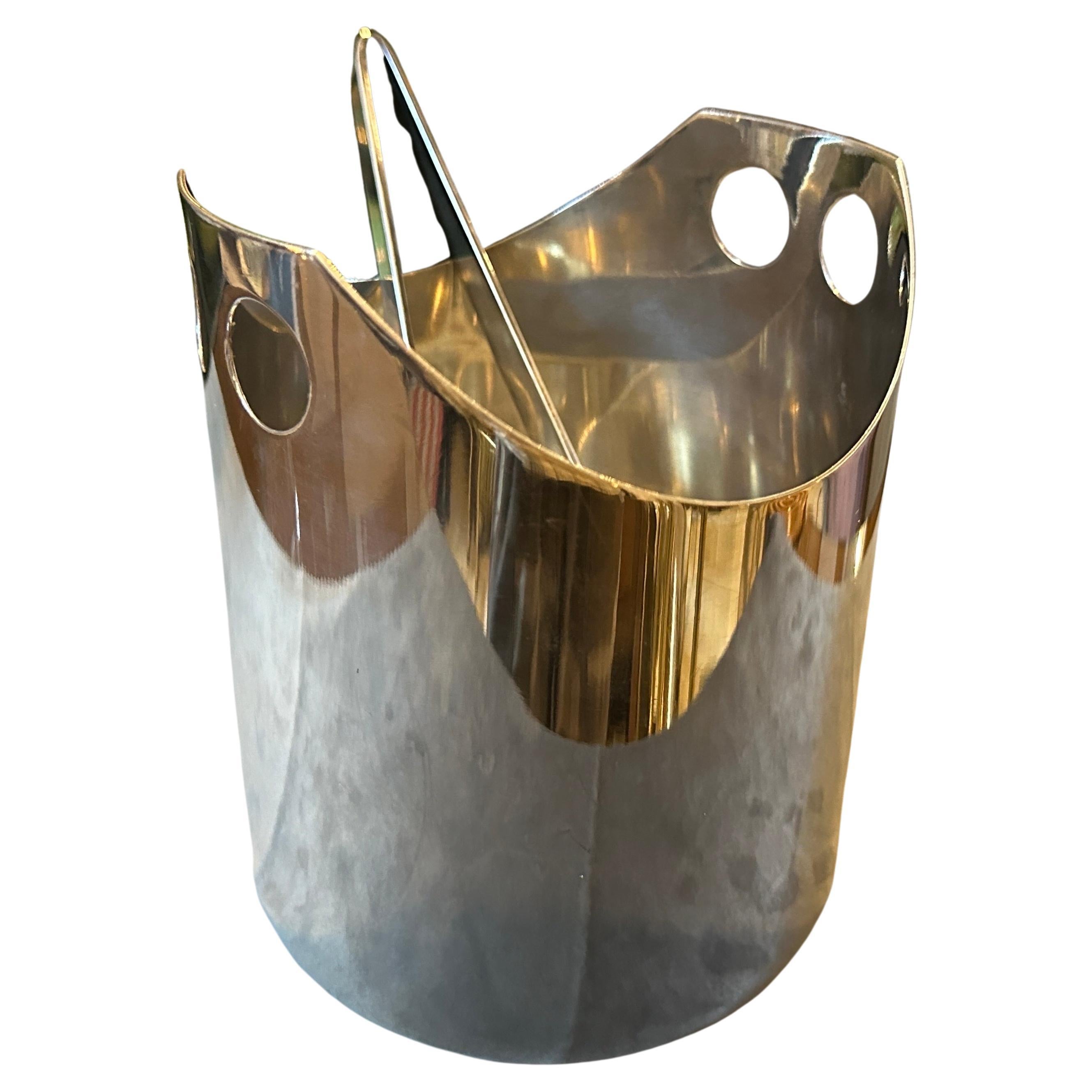 1990s Modernist Silver Plated Ice Bucket and Tongue by Lino Sabattini