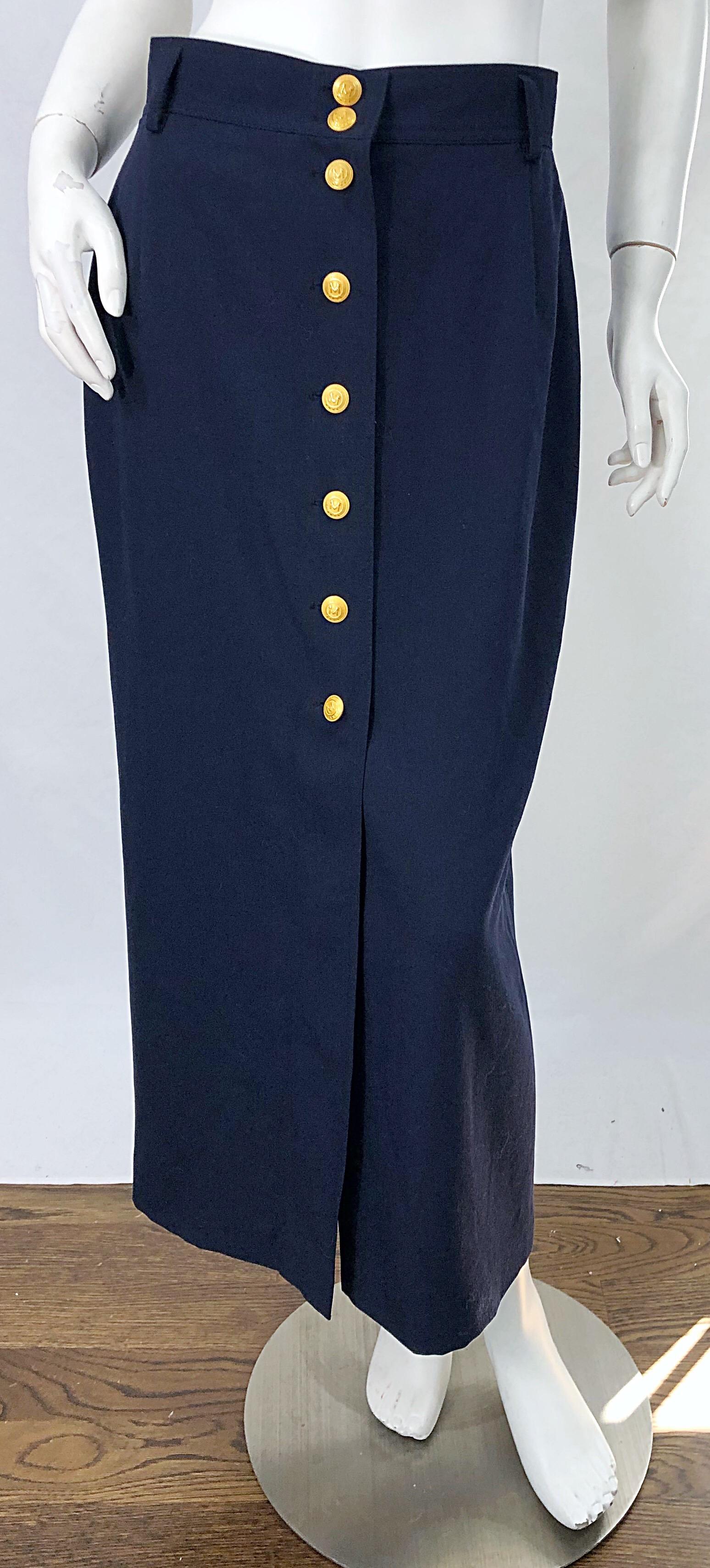 1990s Mondi Navy Blue Gold Buttons Size 38 Vintage 90s Wool Midi Skirt For Sale 2