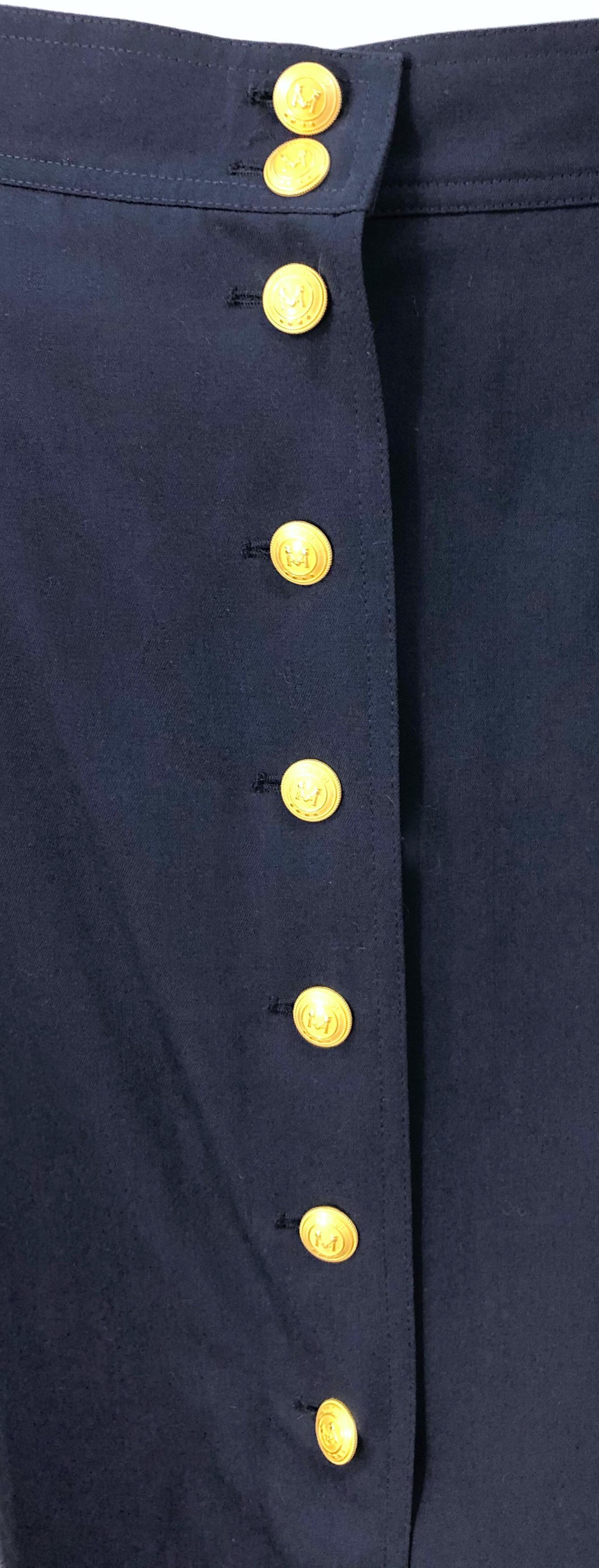 Black 1990s Mondi Navy Blue Gold Buttons Size 38 Vintage 90s Wool Midi Skirt For Sale