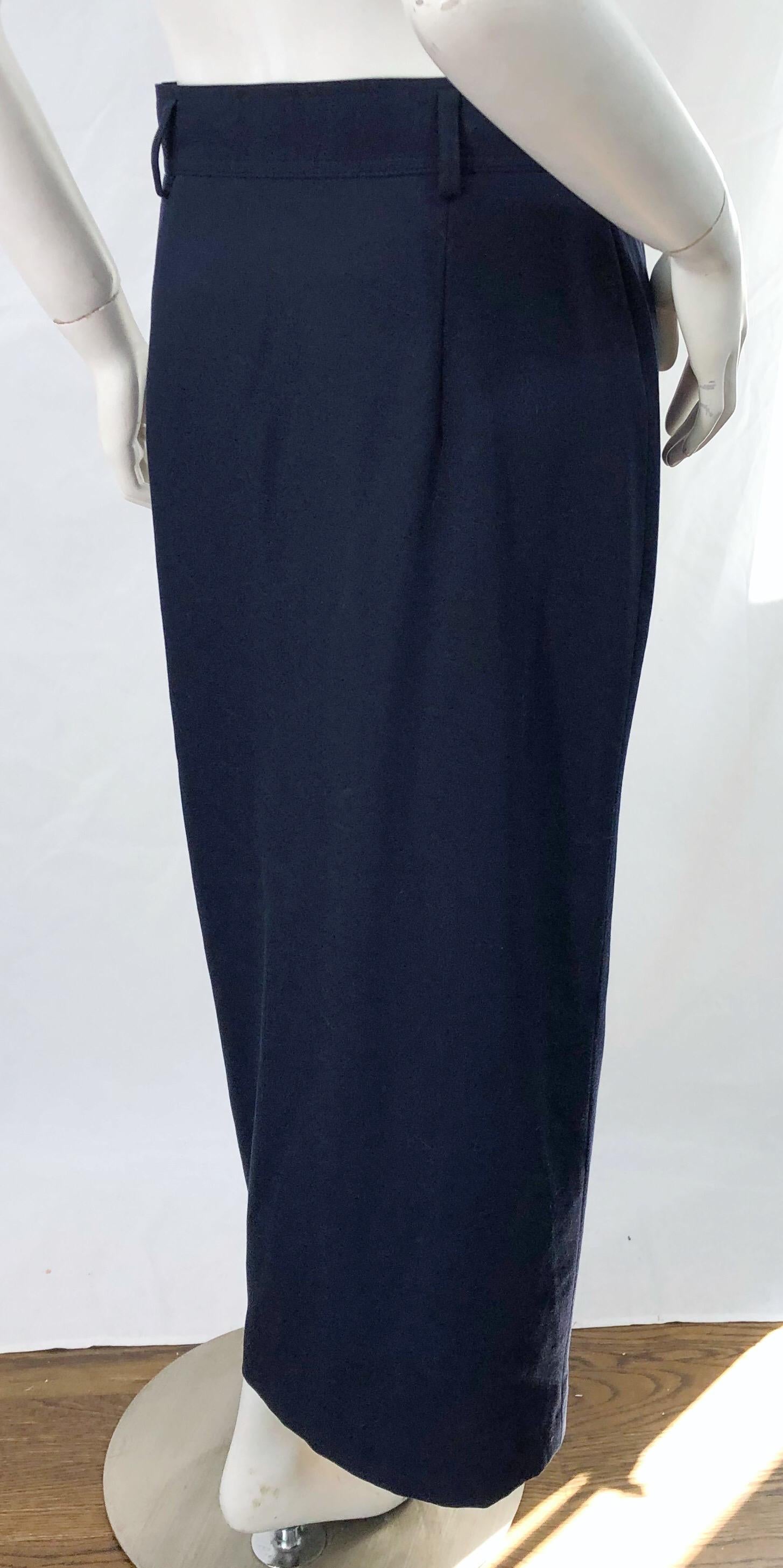 1990s Mondi Navy Blue Gold Buttons Size 38 Vintage 90s Wool Midi Skirt For Sale 1