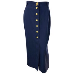 1990s Mondi Navy Blue Gold Buttons Size 38 Vintage 90s Wool Midi Skirt