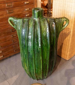 1990s Monumental Green Glazed Ceramic Vase with Brutalist-style Handles.