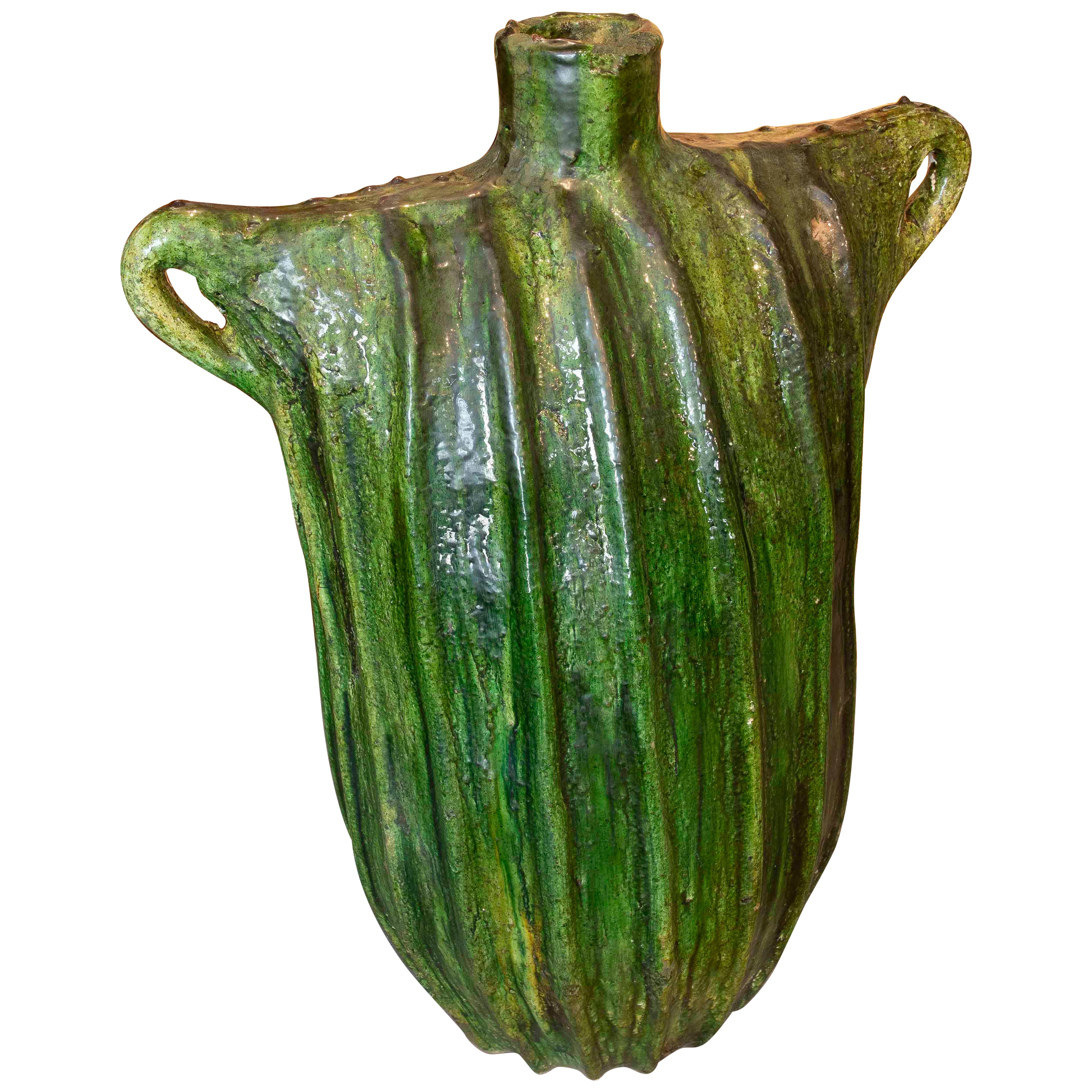 1990s Monumental Green Glazed Ceramic Vase with Brutalist-style Handles.
