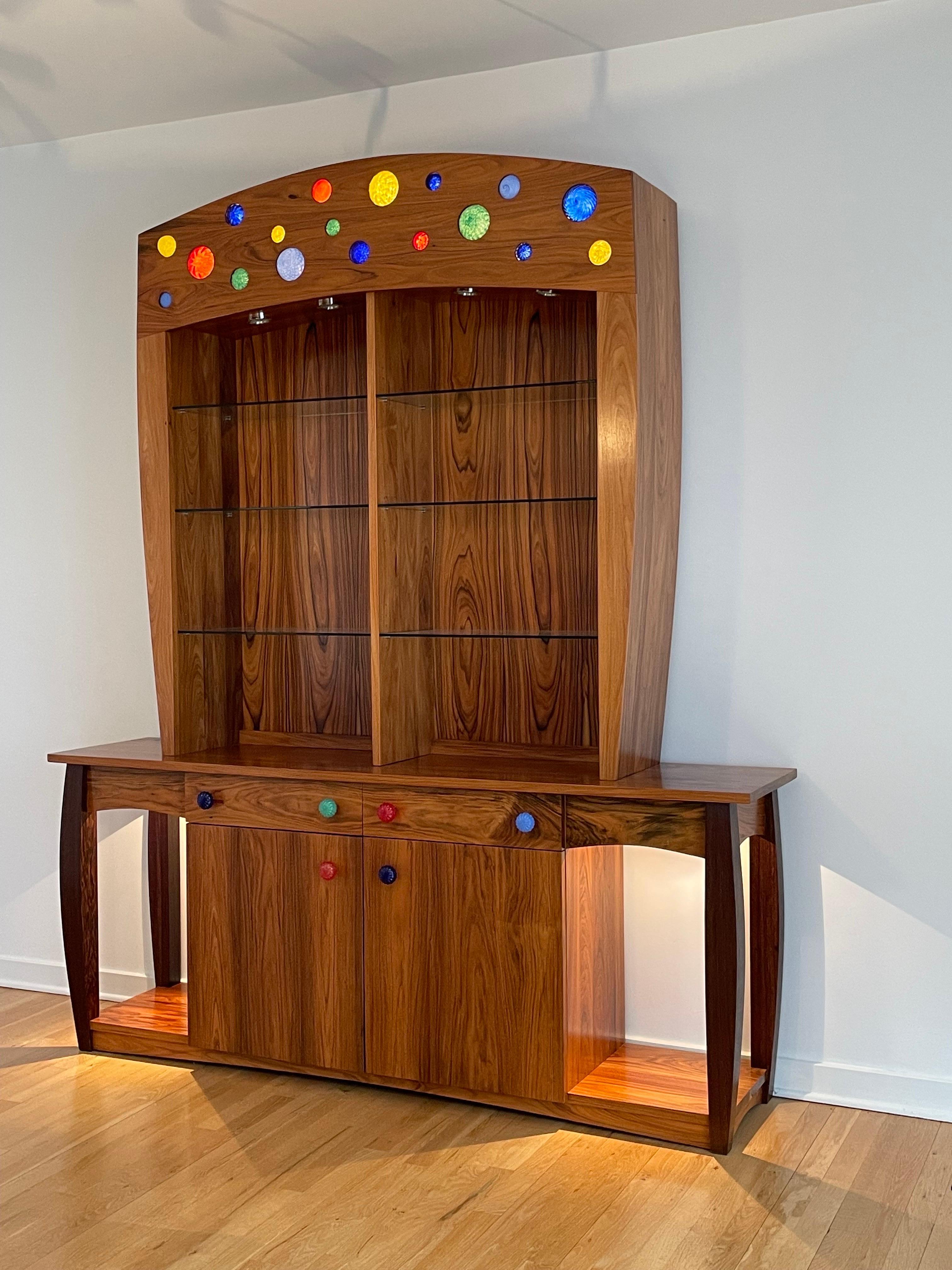 Post-Modern 1990s Morado Rosewood Blown Glass Buffet Hutch in the Manner of Nakashima