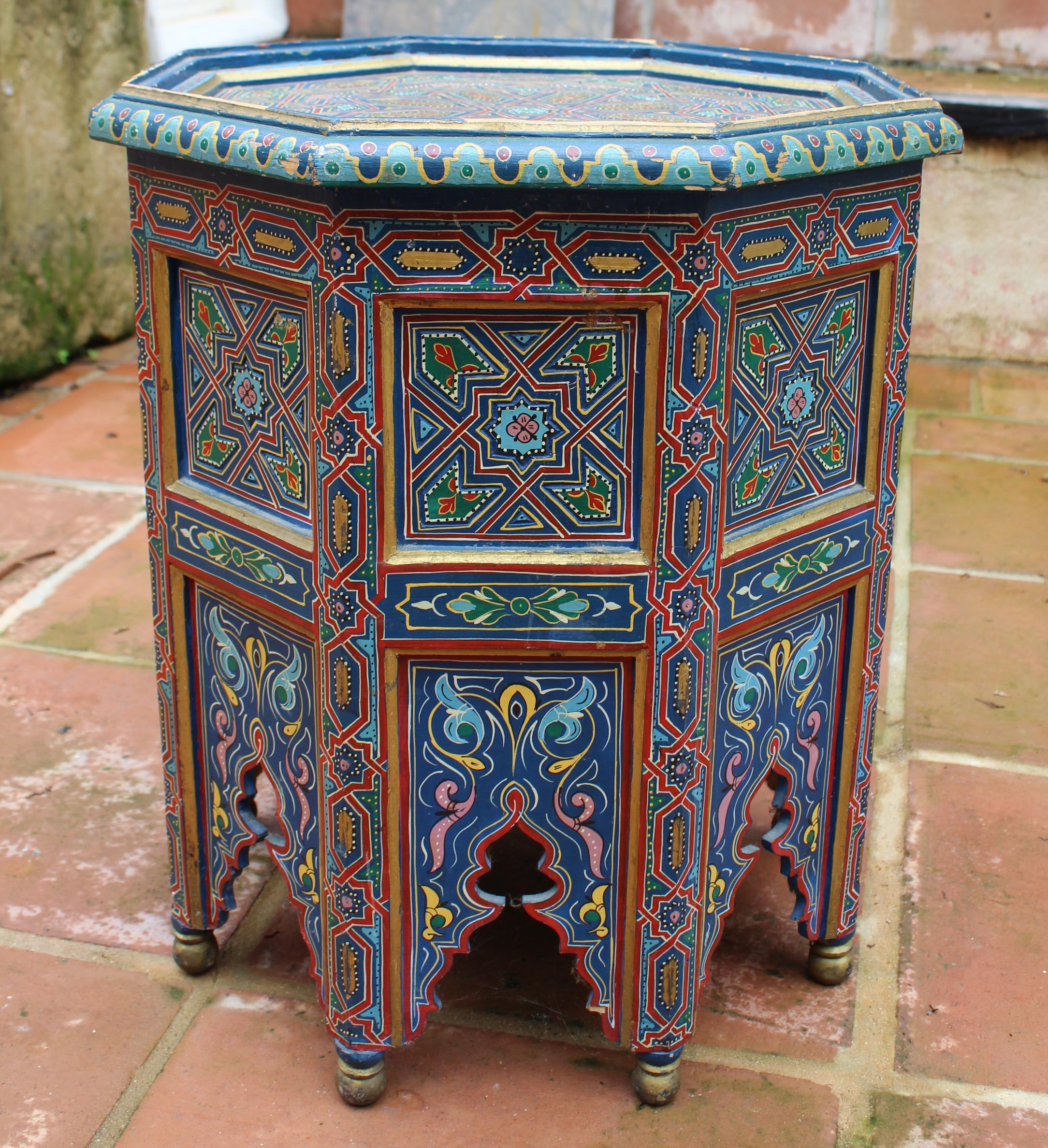 Hand-Painted 1990s Moroccan Coffee Table Richly Decorated in Arabic Geometric Motifs