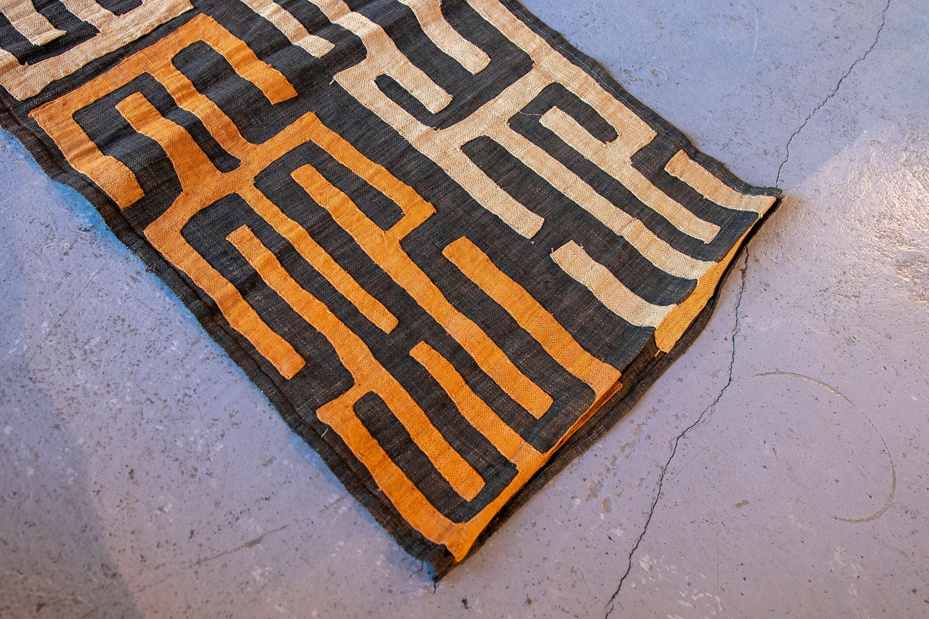 Hand-Woven 1990s Moroccan Hand-Stitched Raffia Fabric with Geometrical Shapes For Sale