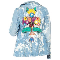MORPHEW COLLECTION Cotton Denim Bleach Splattered  Blazer Jacket With Bird Appl