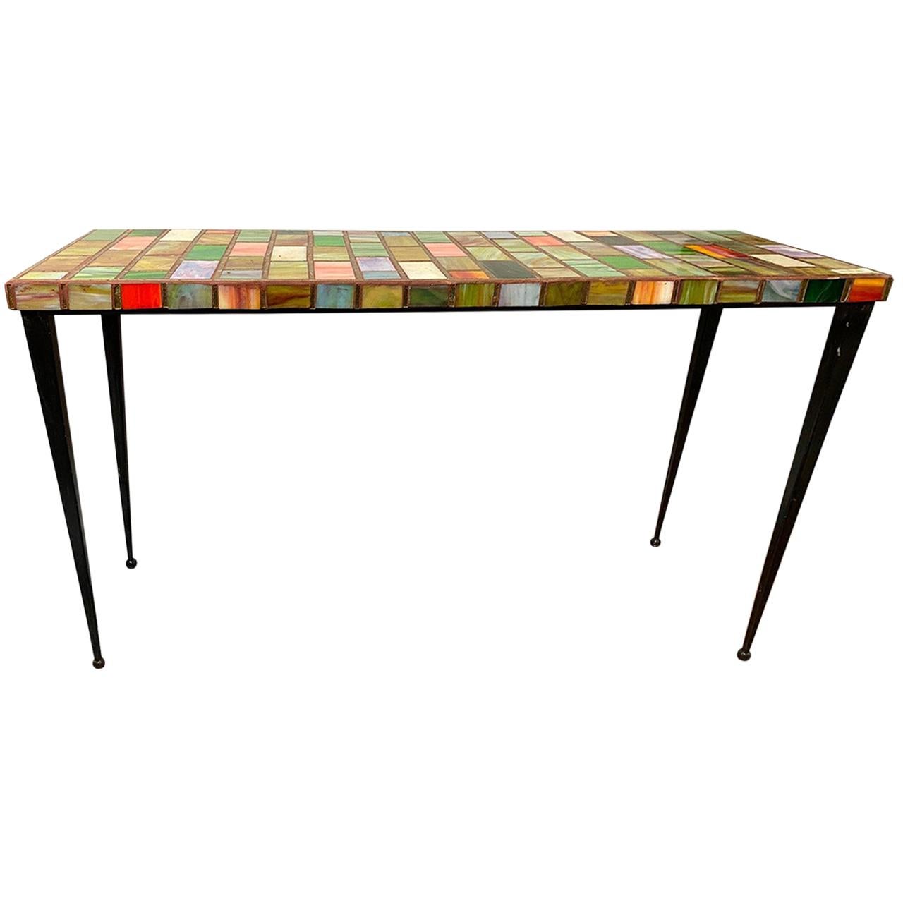 1990s Mosaic Glass Top Table with Iron Base For Sale