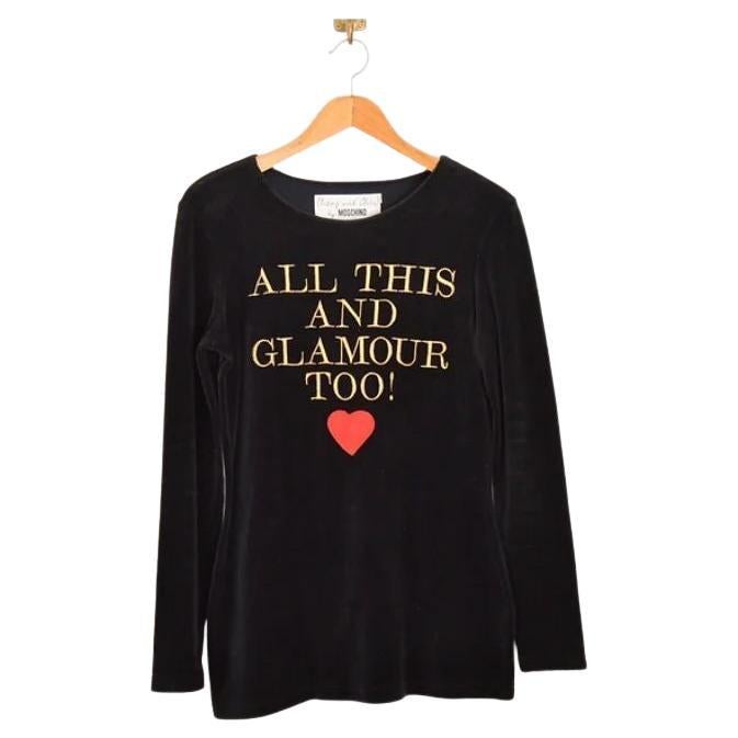 1990's Moschino 'All This and Glamour Too' Velvet Slogan Logo Long Sleeve Top For Sale