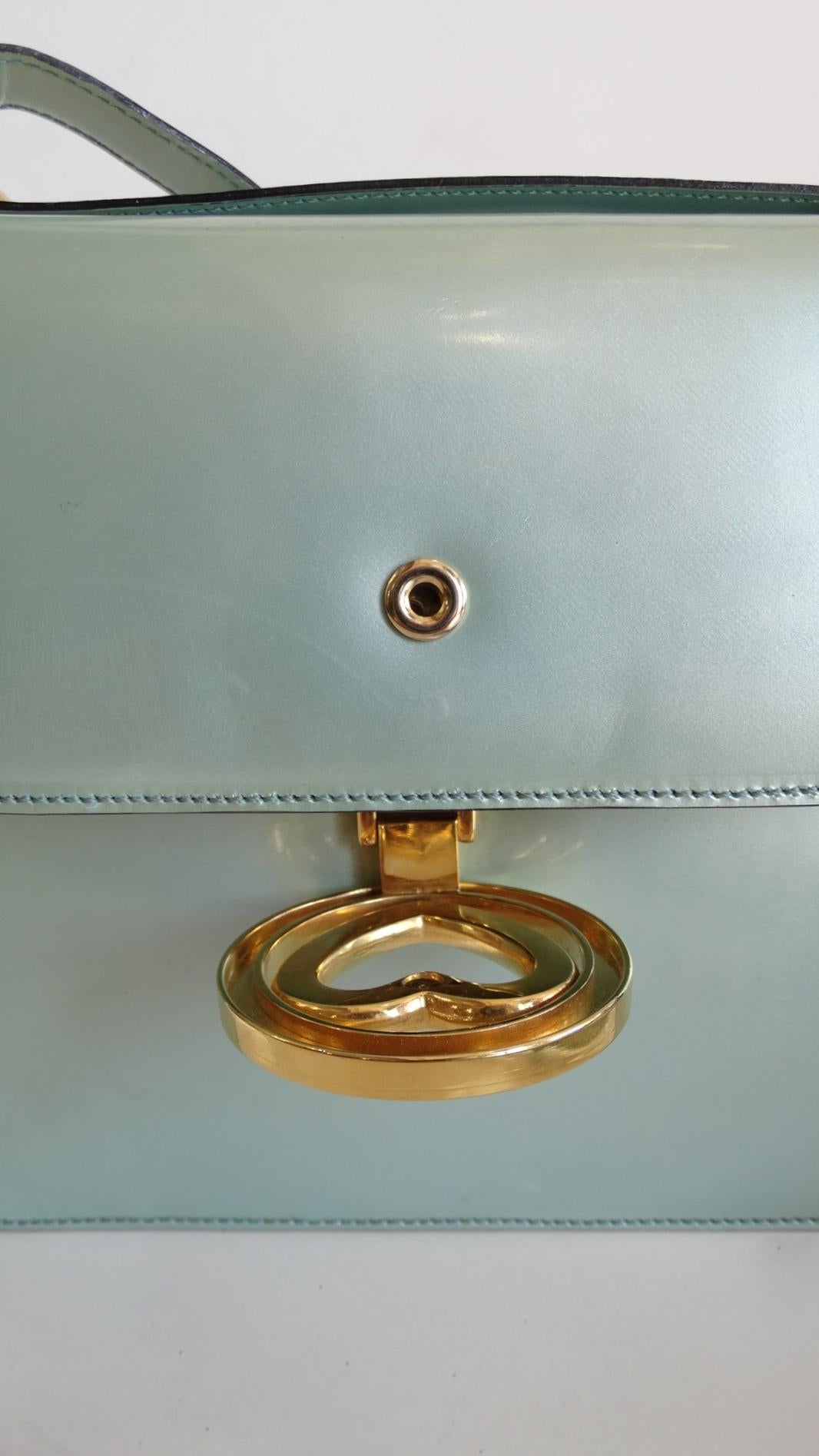 1990s Moschino Baby Blue Patent Leather Shoulder Bag  6