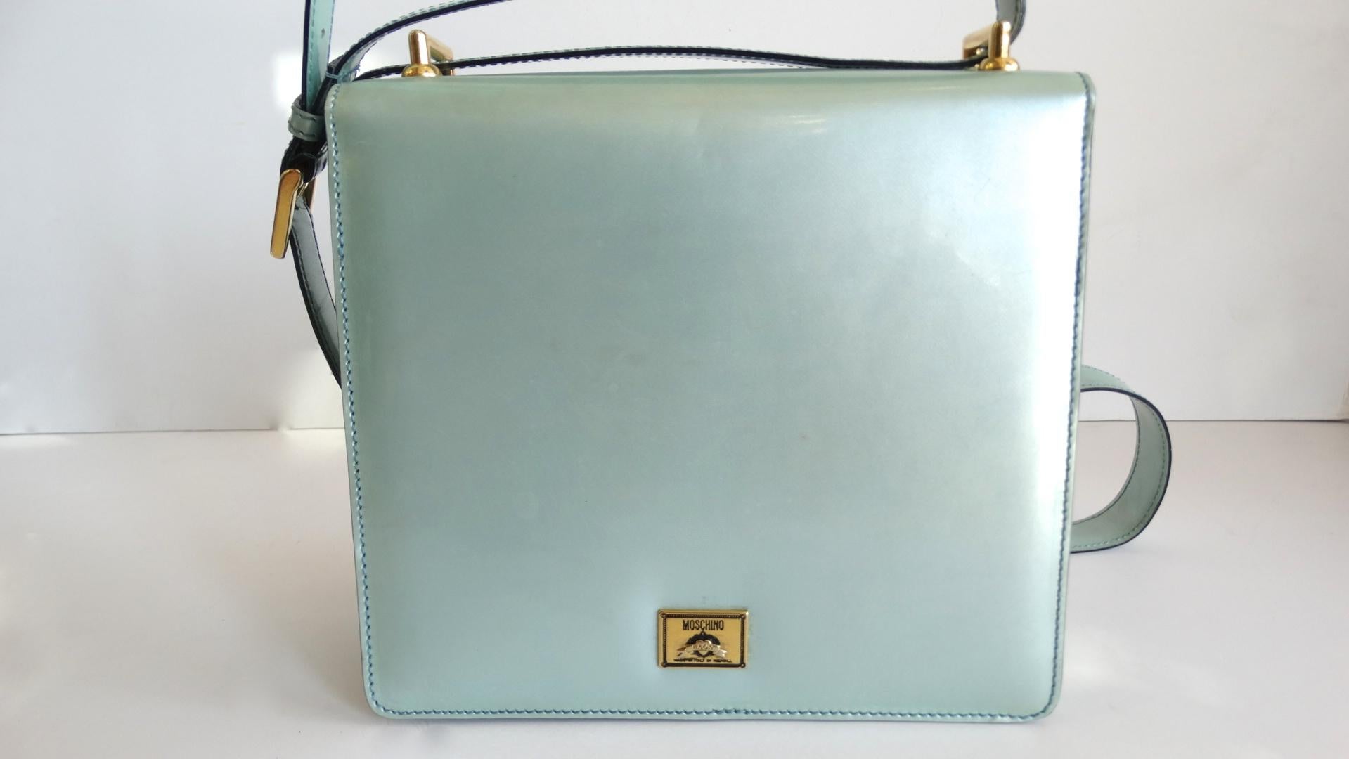 1990s Moschino Baby Blue Patent Leather Shoulder Bag  1