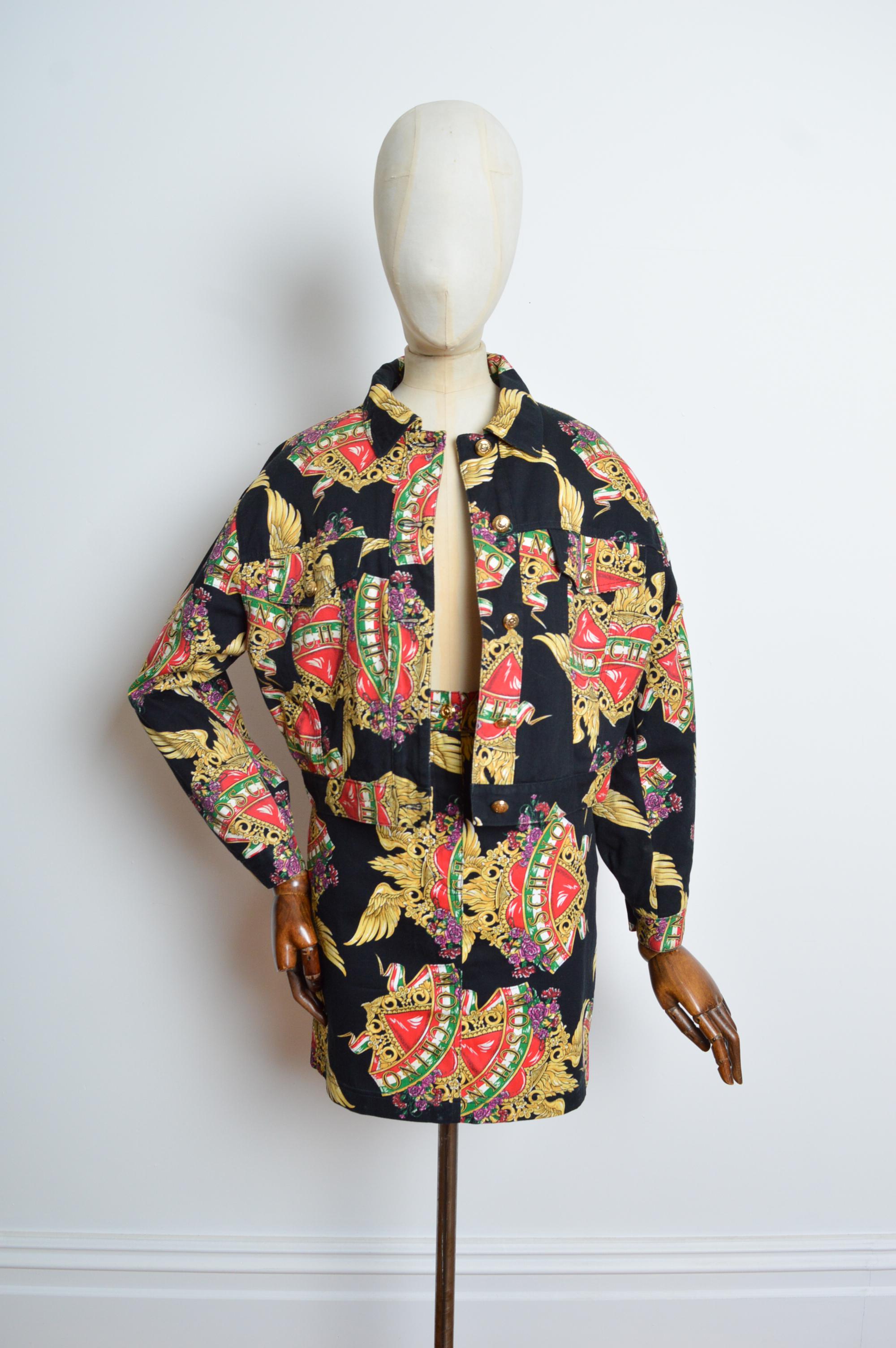Brown 1990's MOSCHINO Baroque Italian Heart Denim Jacket & Matching Mini Skirt Set For Sale