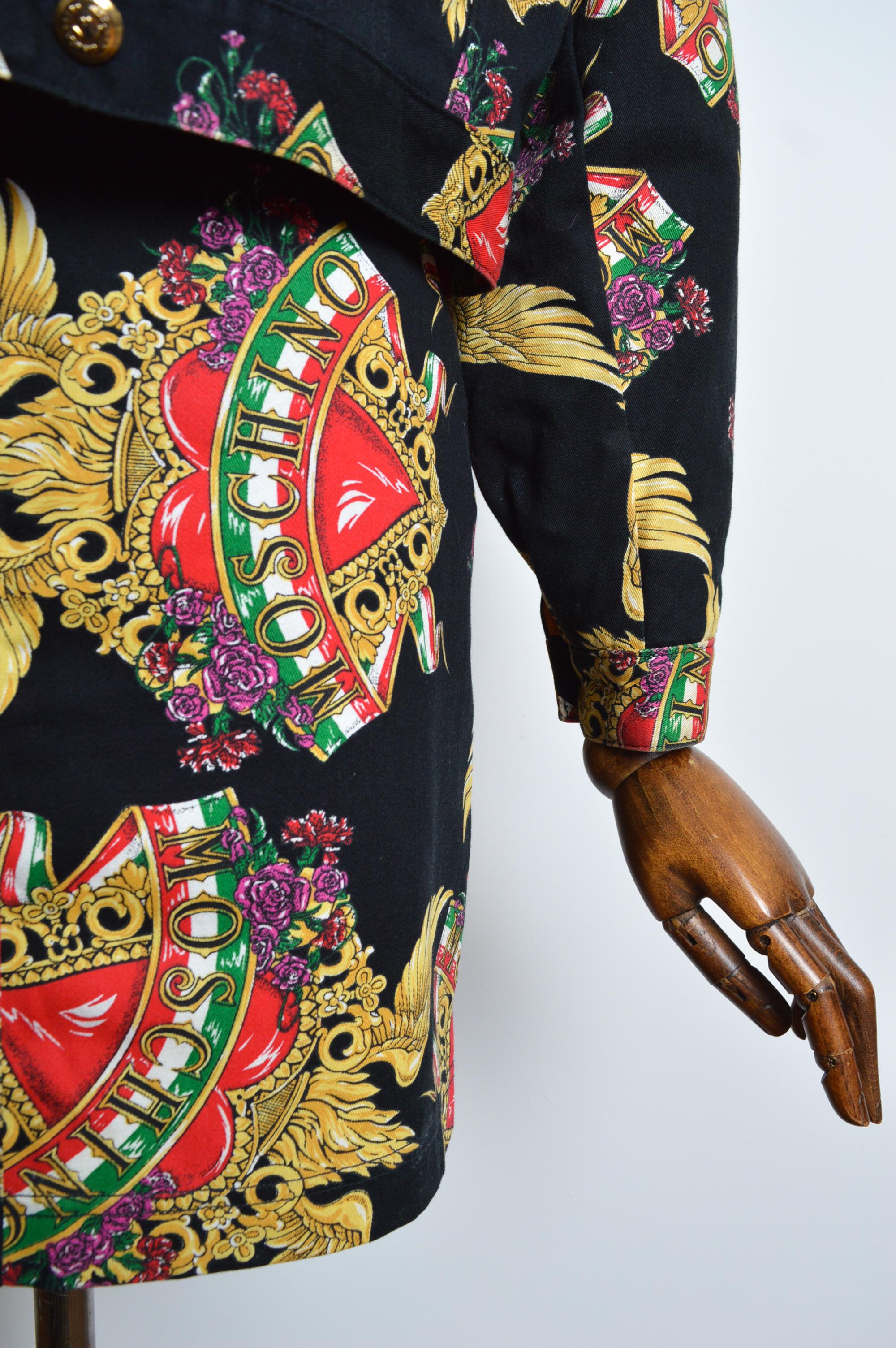 Women's 1990's MOSCHINO Baroque Italian Heart Denim Jacket & Matching Mini Skirt Set For Sale