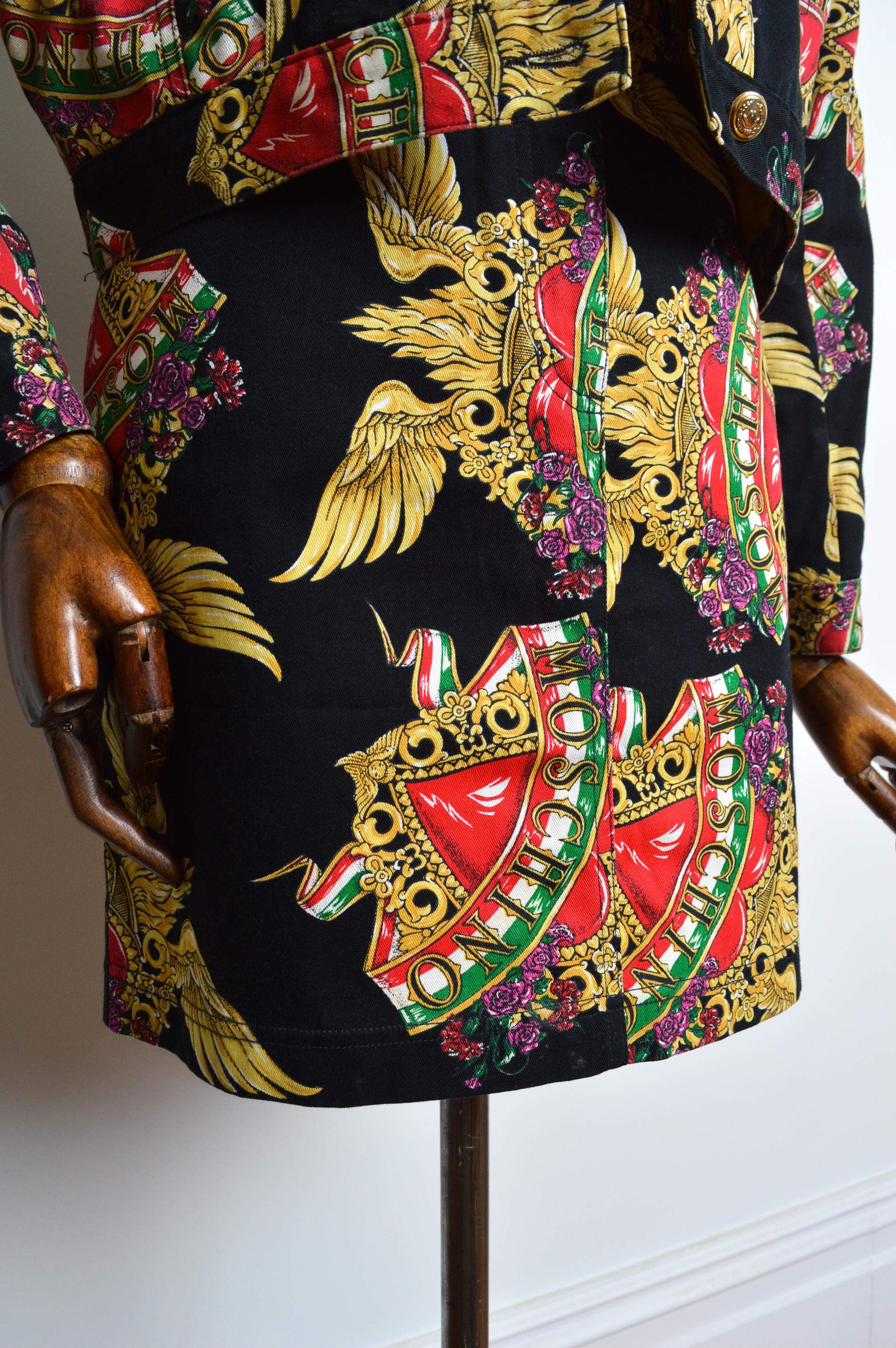 1990's MOSCHINO Baroque Italian Heart Denim Jacket & Matching Mini Skirt Set For Sale 1