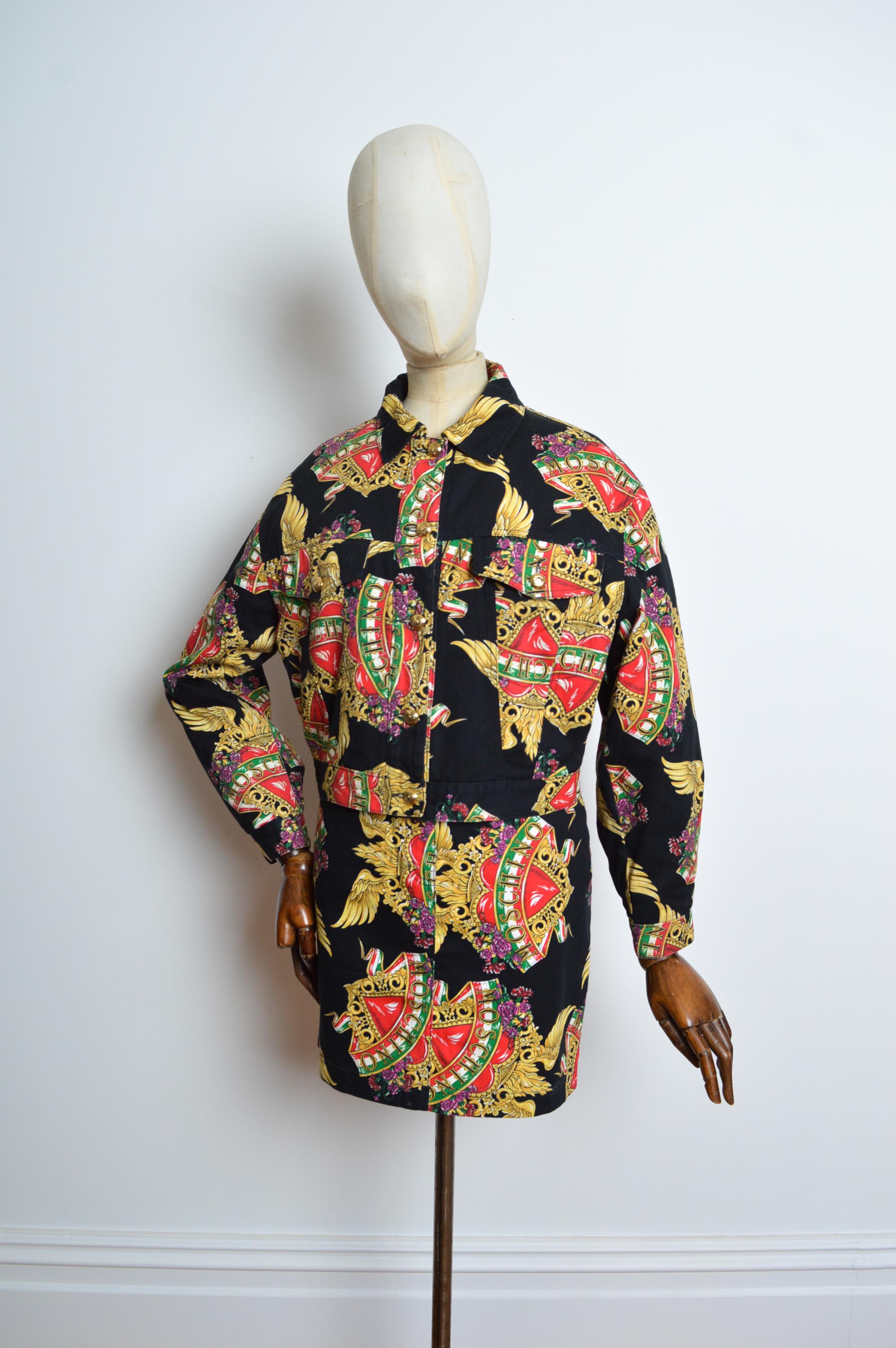 1990's MOSCHINO Baroque Italian Heart Denim Jacket & Matching Mini Skirt Set For Sale 2