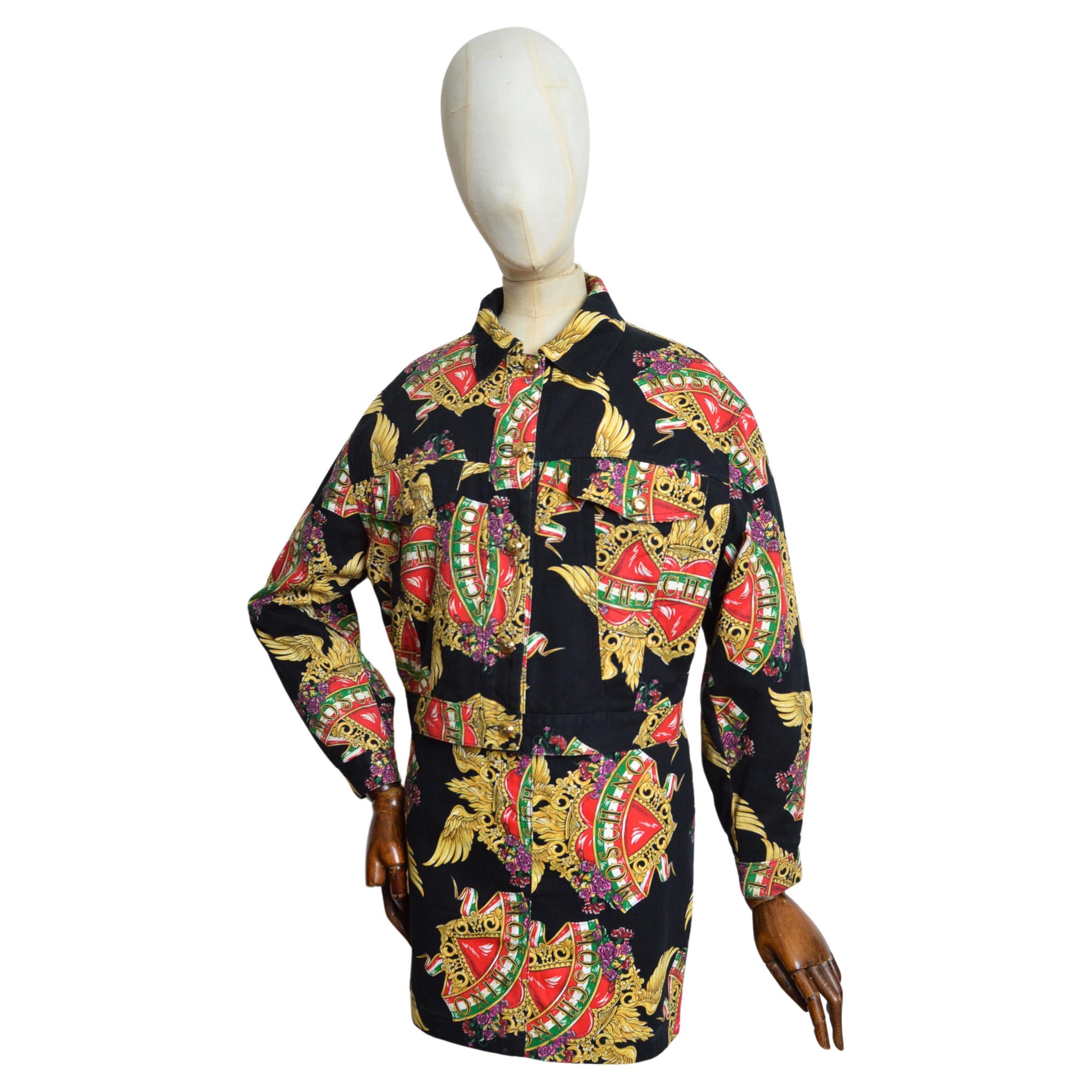 1990's MOSCHINO Baroque Italian Heart Denim Jacket & Matching Mini Skirt Set For Sale