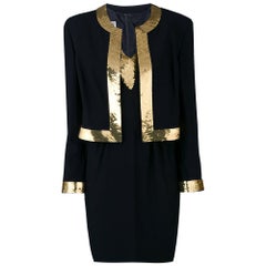 1990s Moschino black and gold jacket and dress suit