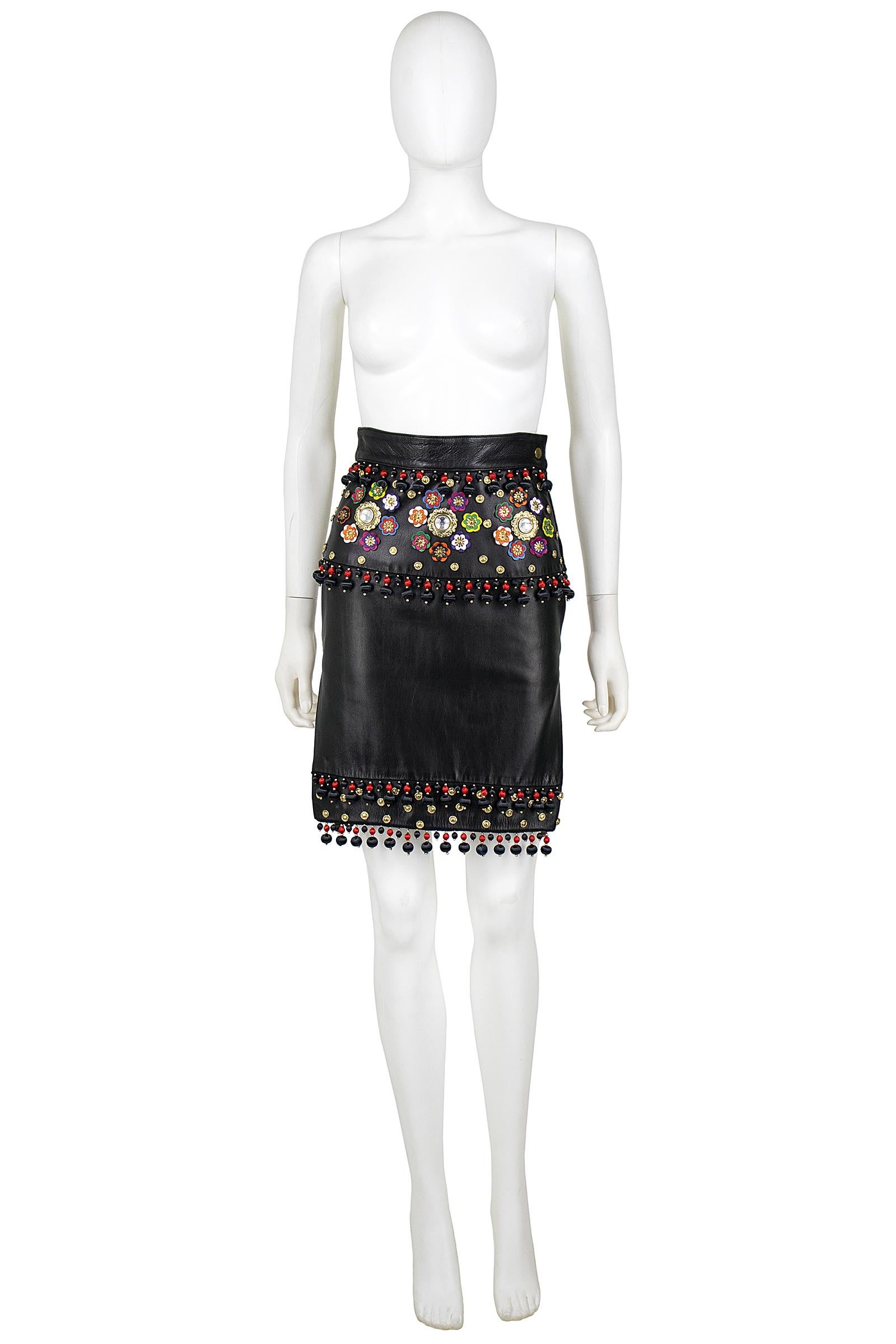 Moschino Circa 1990s Black Leather Skirt with Tassels, Metal Studs and Flowers For Sale 3