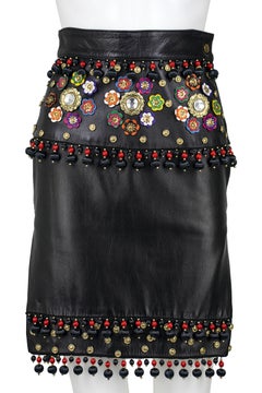 Moschino Circa 1990s Black Leather Skirt with Tassels, Metal Studs and Flowers