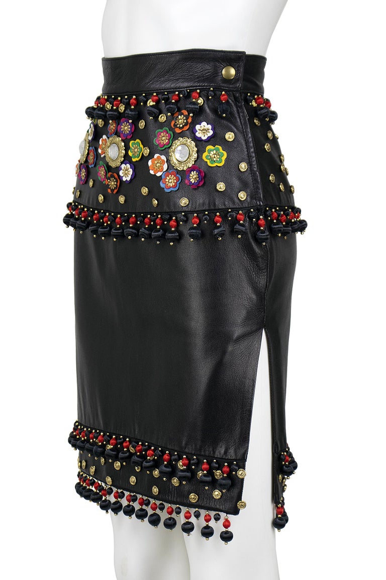 Moschino Circa 1990s Black Leather Skirt with Tassels, Metal Studs