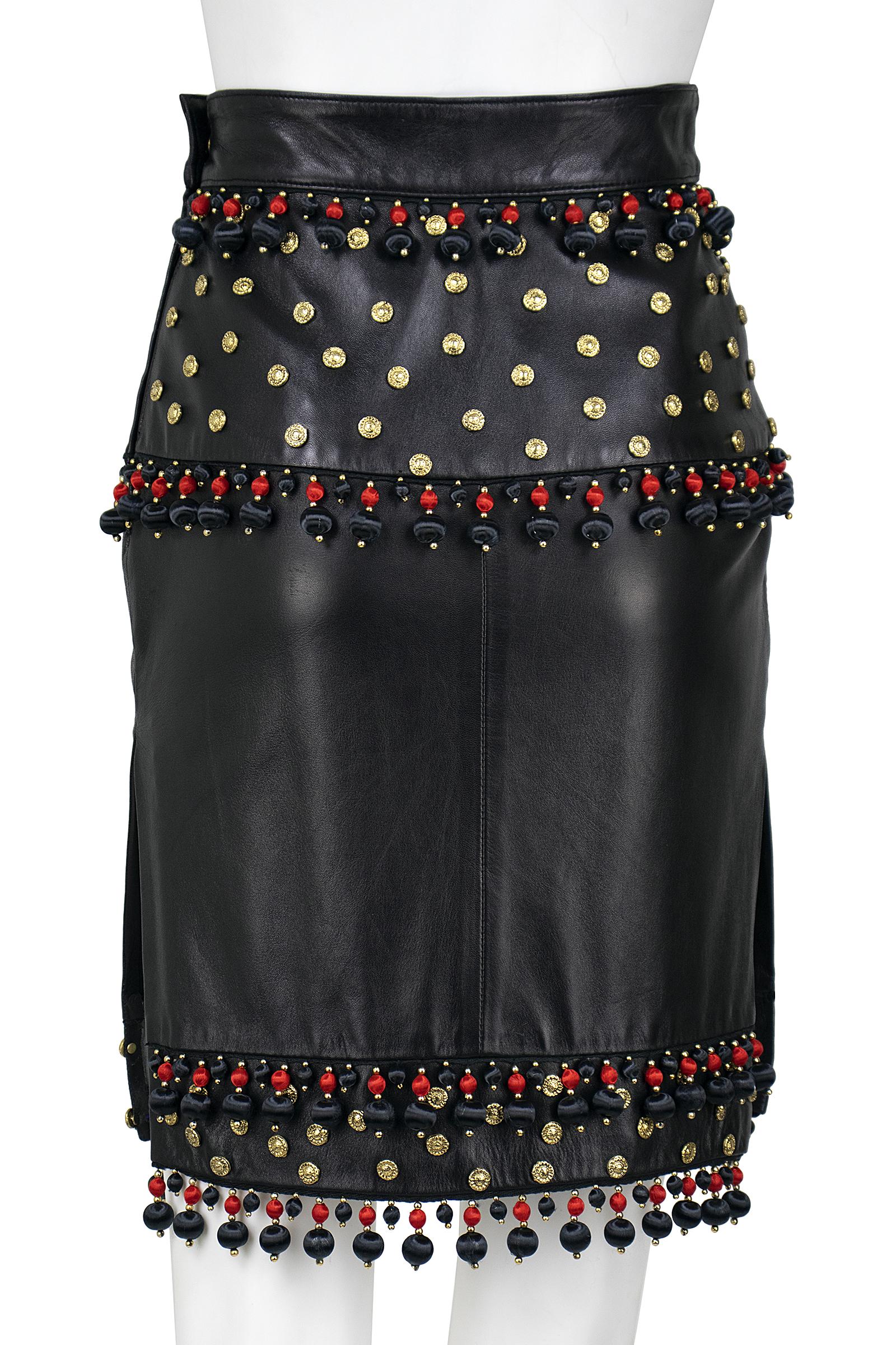 Moschino Circa 1990s Black Leather Skirt with Tassels, Metal Studs and Flowers In Good Condition For Sale In Los Angeles, CA