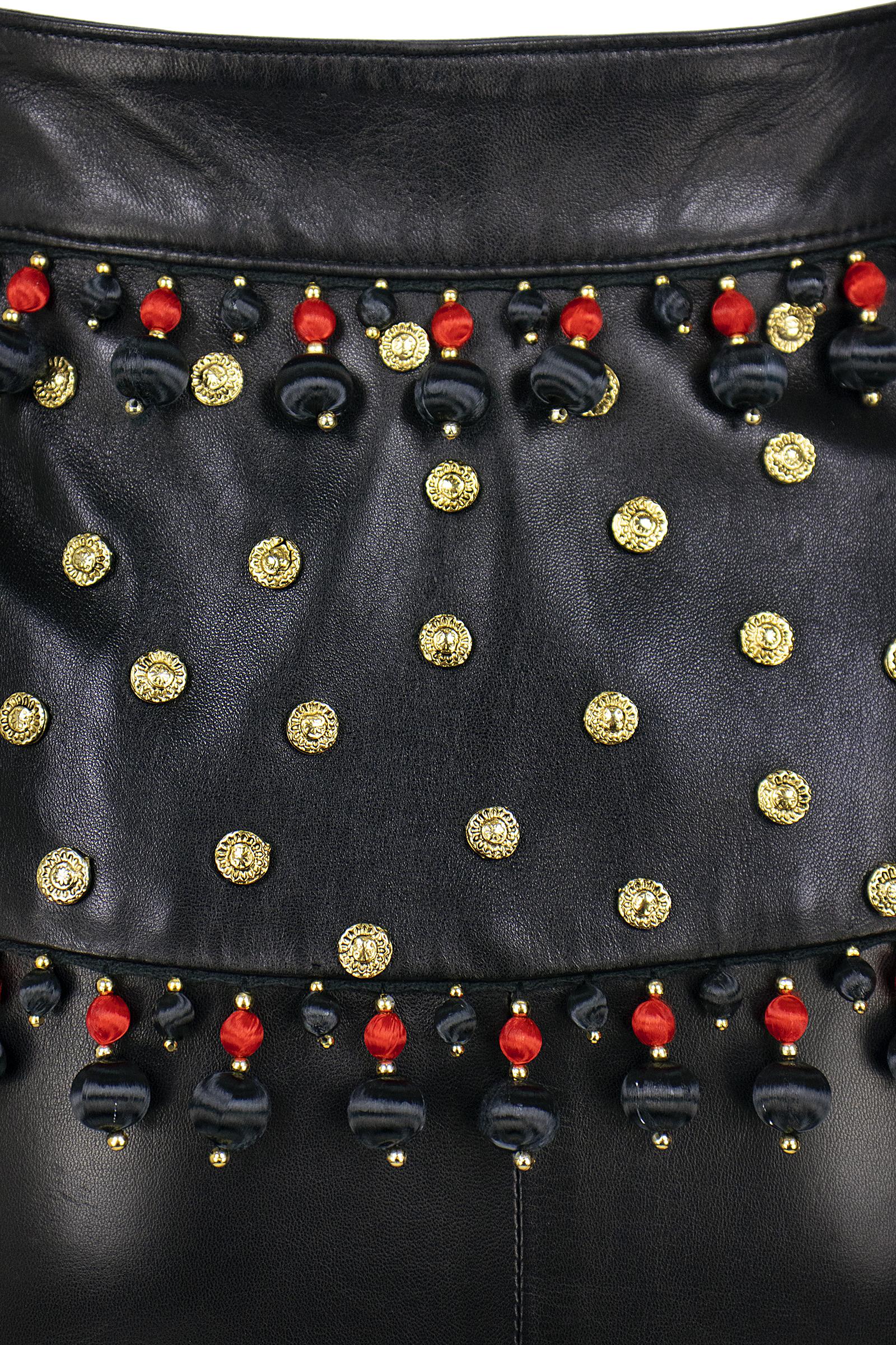 Women's Moschino Circa 1990s Black Leather Skirt with Tassels, Metal Studs and Flowers For Sale