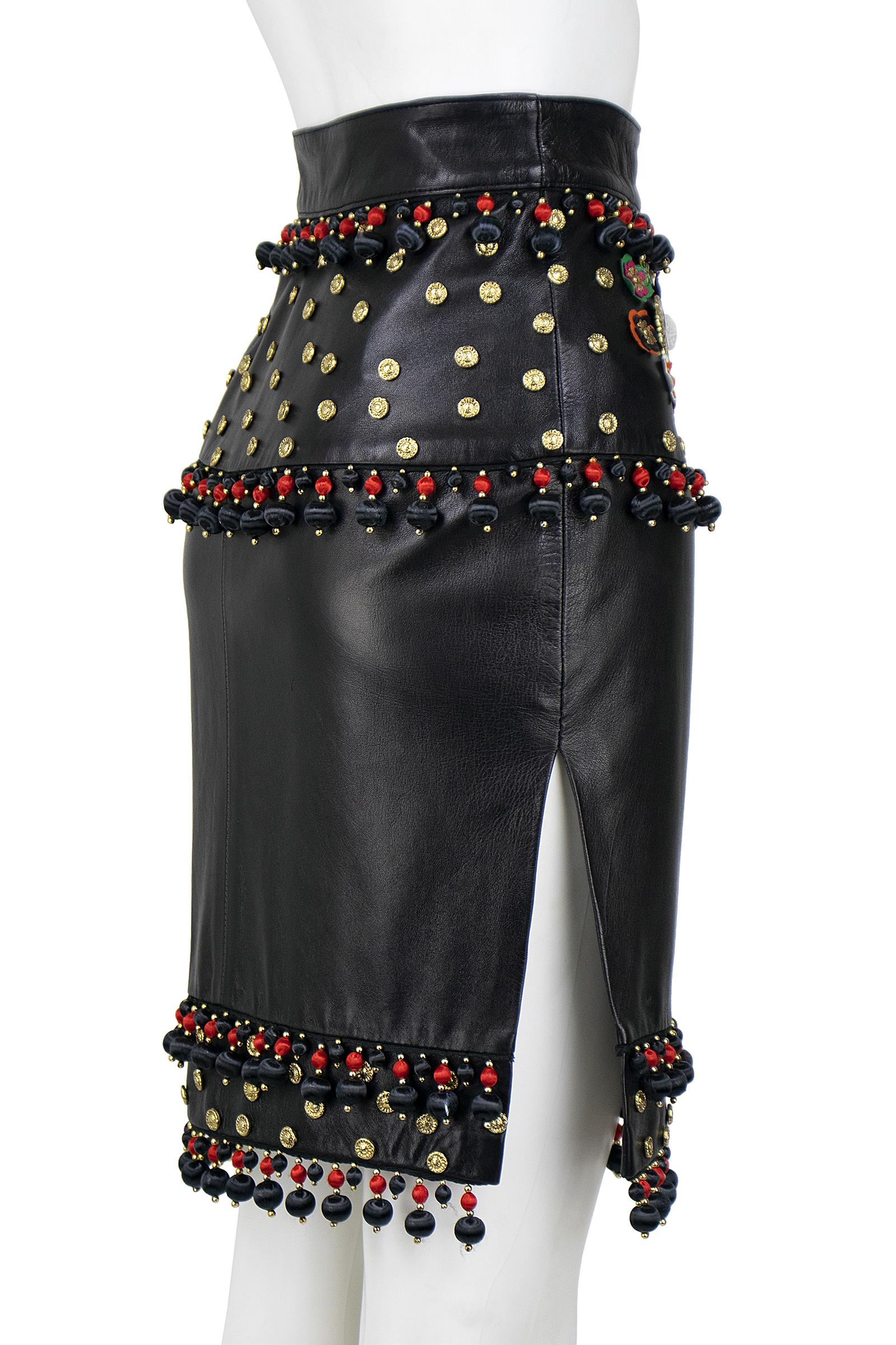 Moschino Circa 1990s Black Leather Skirt with Tassels, Metal Studs and Flowers For Sale 1