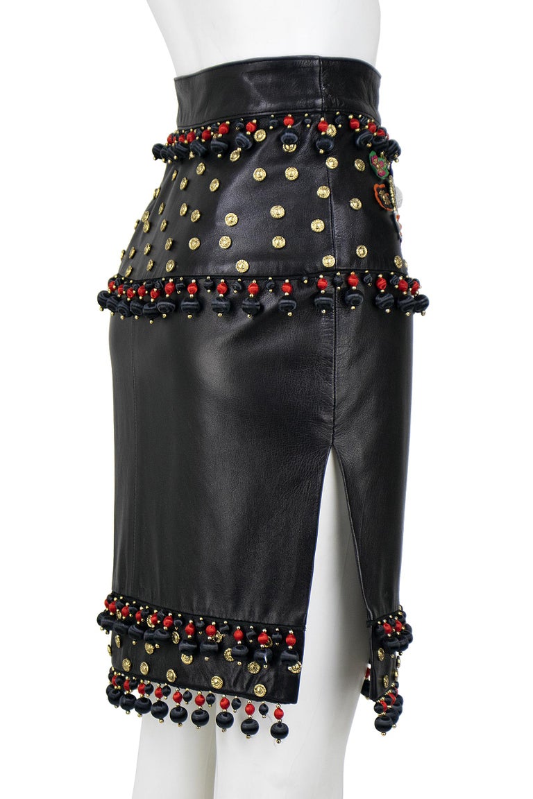 Moschino Circa 1990s Black Leather Skirt with Tassels ...