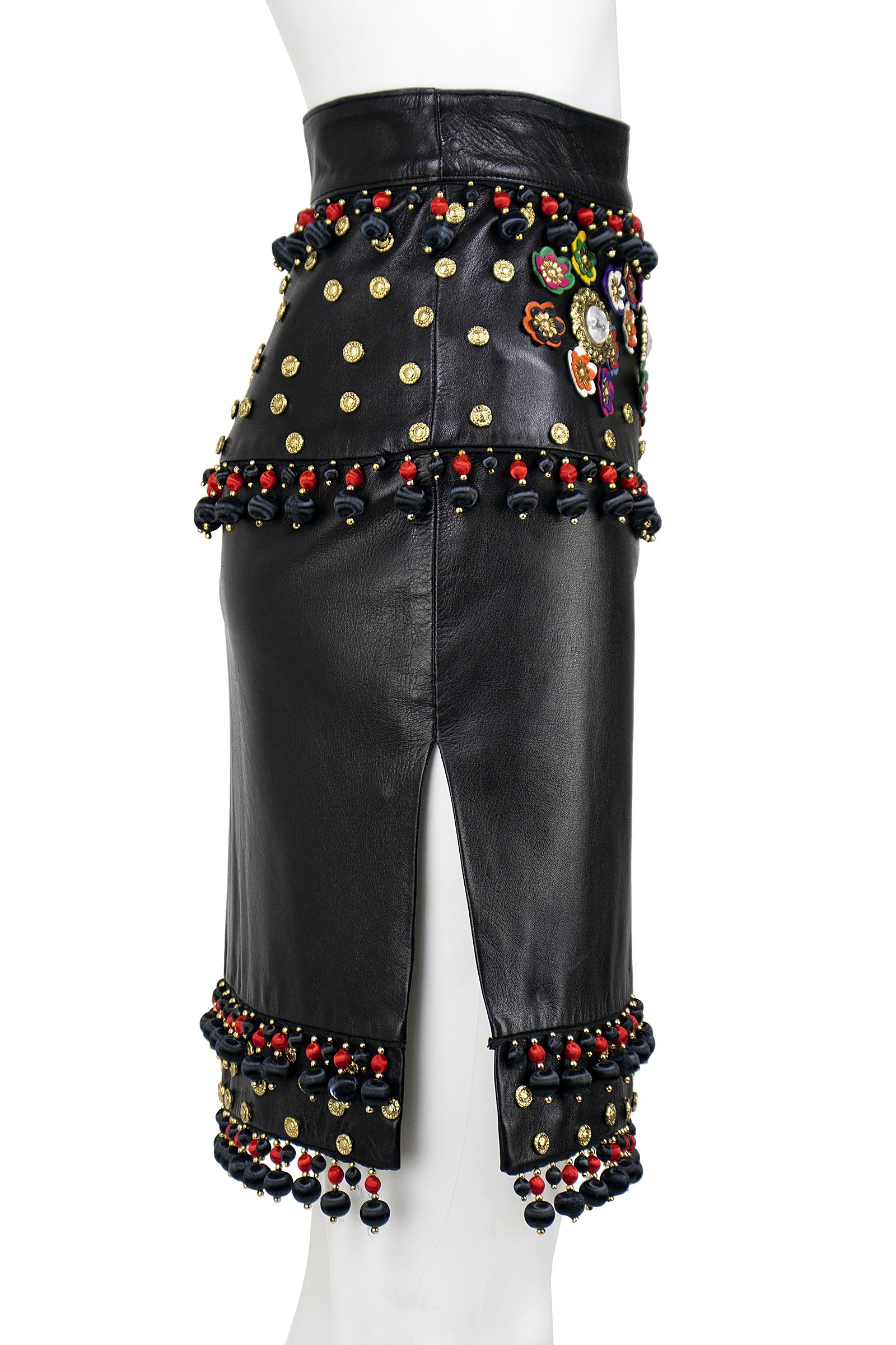 Moschino Circa 1990s Black Leather Skirt with Tassels, Metal Studs and Flowers For Sale 2