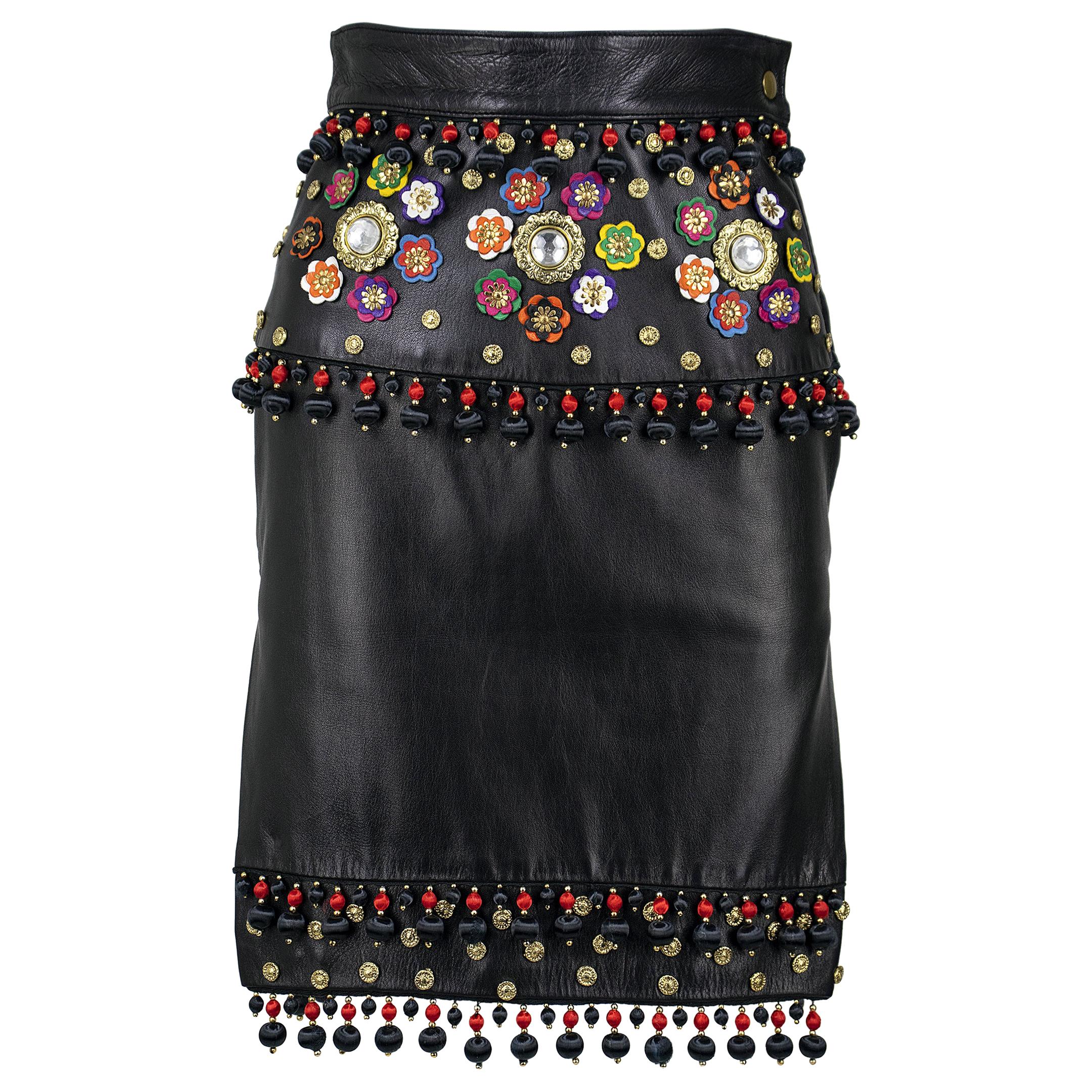 Moschino Circa 1990s Black Leather Skirt with Tassels, Metal Studs and Flowers For Sale