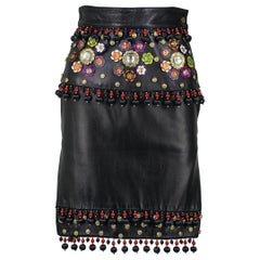 Moschino Circa 1990s Black Leather Skirt with Tassels, Metal Studs and Flowers